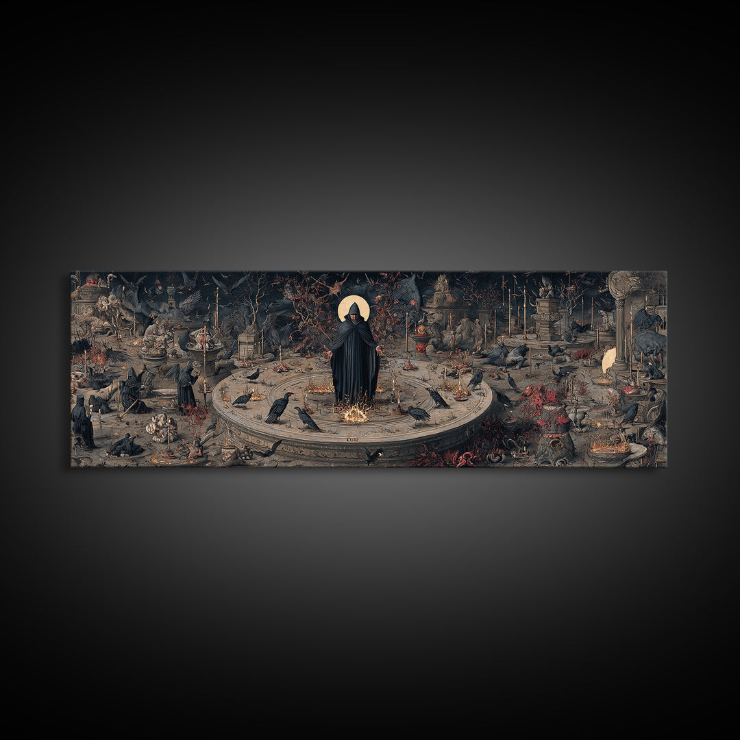The Eclipse Summoning, Medieval Grotesque Art, Extra Wide Wall Art, Macabre Wall Art, Canvas Print, Halloween Wall Art