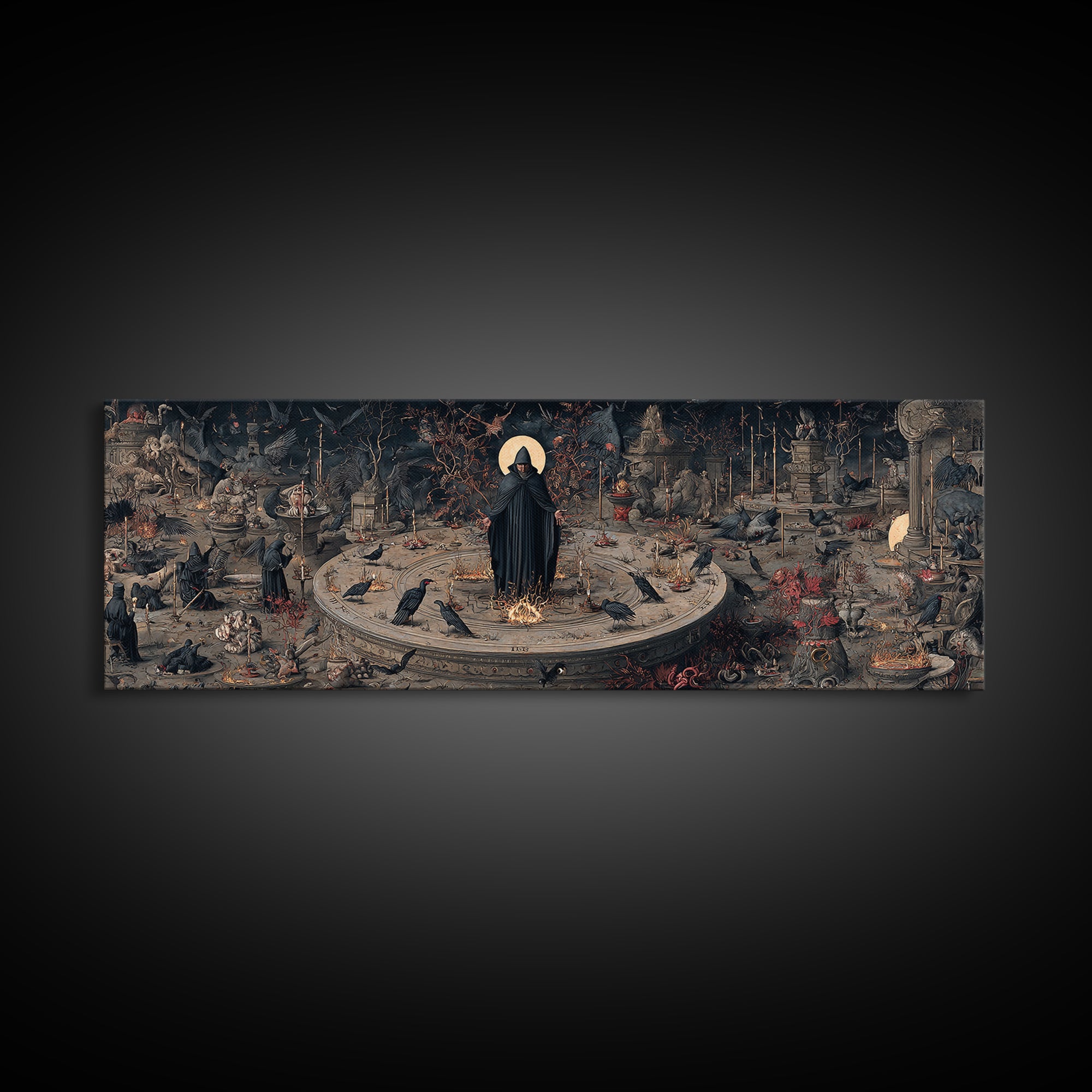 The Eclipse Summoning, Medieval Grotesque Art, Extra Wide Wall Art, Macabre Wall Art, Canvas Print, Halloween Wall Art