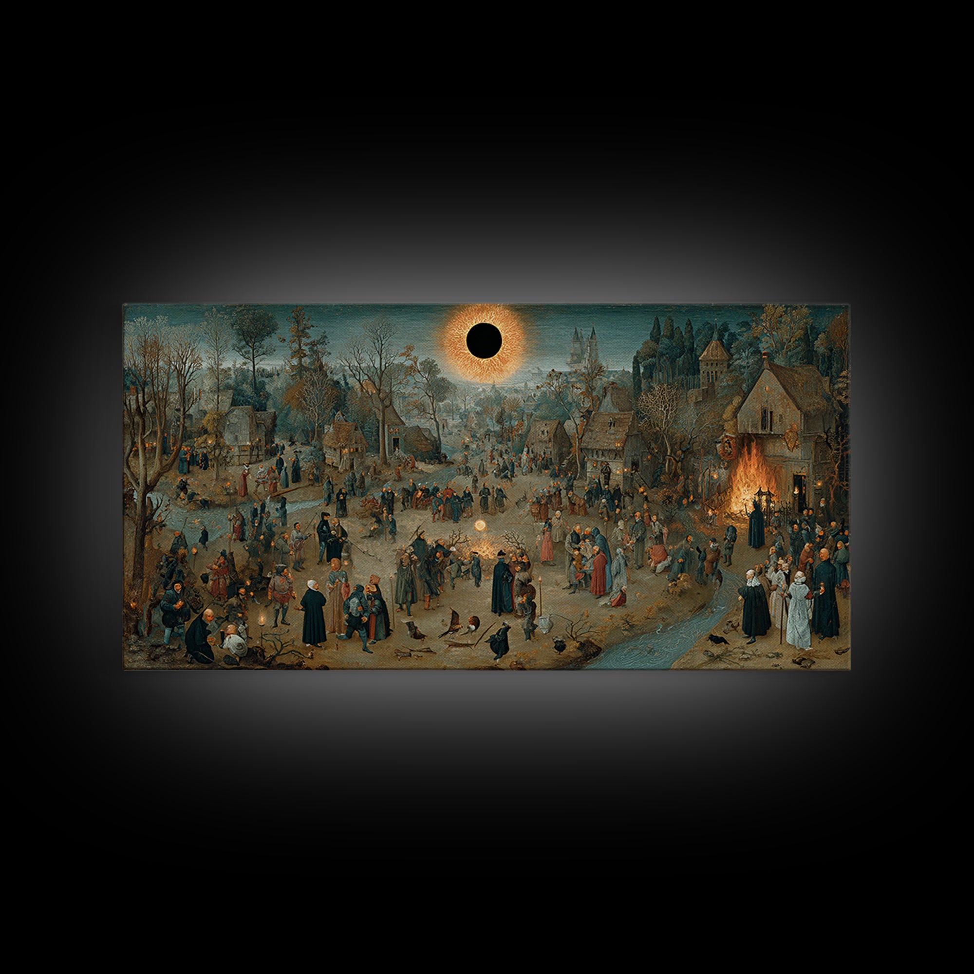 The Eclipse Summoning, Northern Renaissance Horror, Wide Panoramic Art, Dark Halloween Decor, Framed Canvas Print