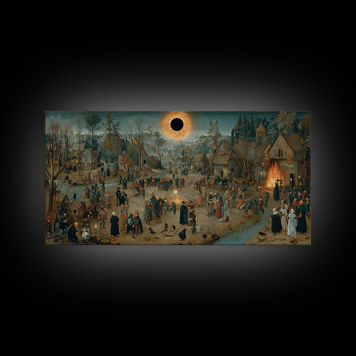 The Eclipse Summoning, Northern Renaissance Horror, Wide Panoramic Art, Dark Halloween Decor, Framed Canvas Print