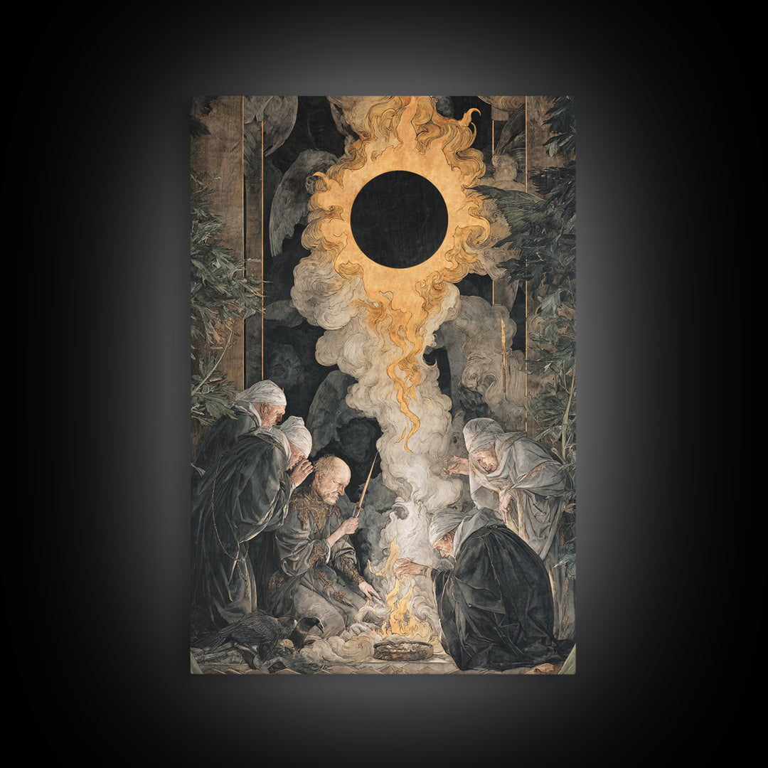 The Eclipse Summoning, Dark Renaissance Art, Vertical Wall Art, Gothic Horror Wall Art, Canvas Print, Halloween Wall Art
