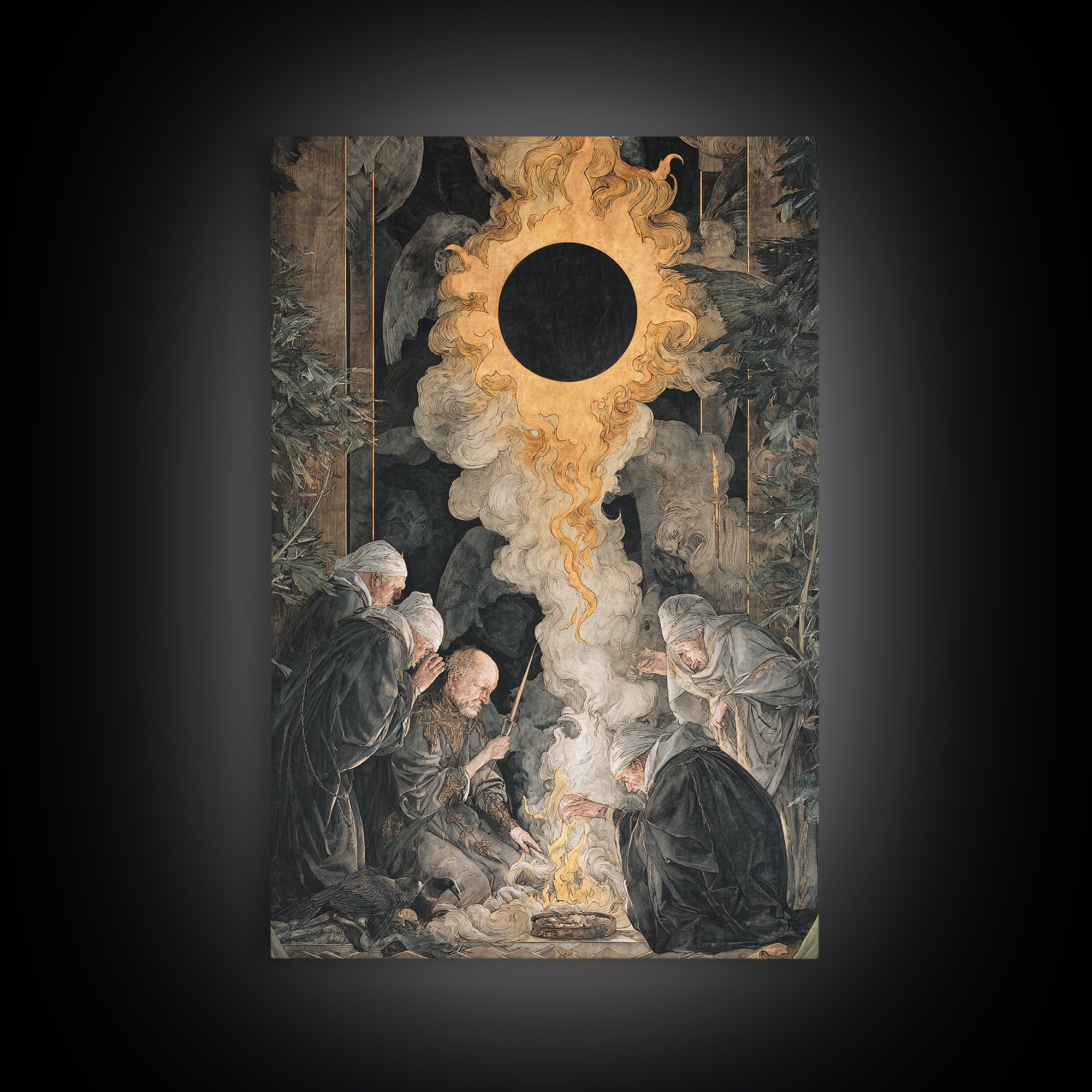 The Eclipse Summoning, Dark Renaissance Art, Vertical Wall Art, Gothic Horror Wall Art, Canvas Print, Halloween Wall Art