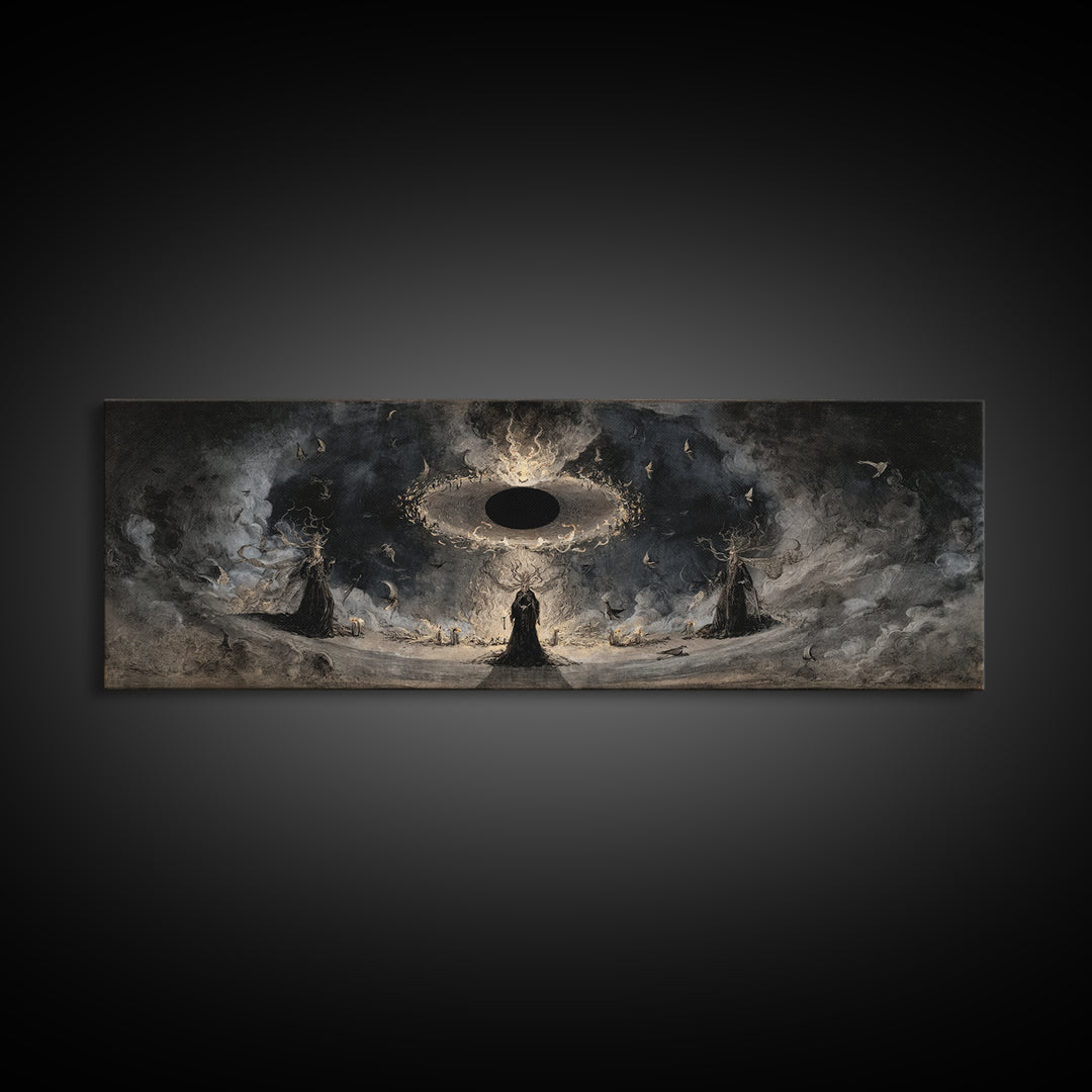 The Eclipse Summoning, Dark Romantic Horror Art, Extra Wide Wall Art, Dark Halloween Decor, Framed Canvas Print, Halloween Wall Art