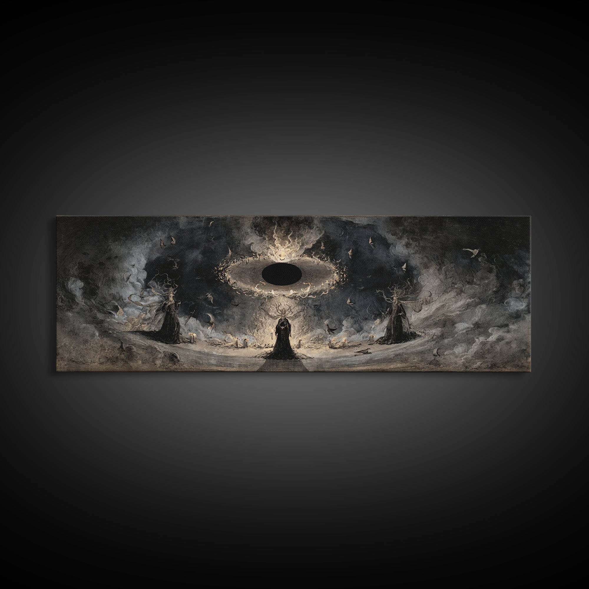 The Eclipse Summoning, Dark Romantic Horror Art, Extra Wide Wall Art, Dark Halloween Decor, Framed Canvas Print, Halloween Wall Art