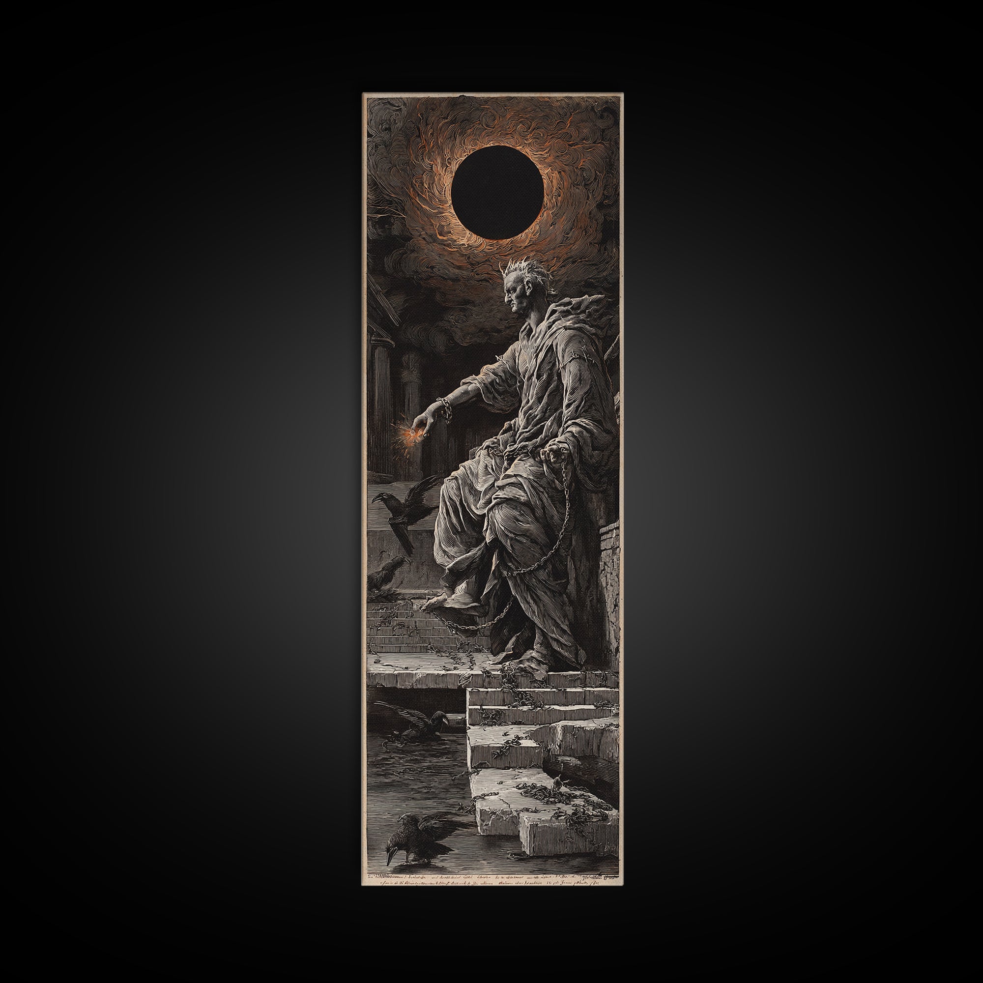 The Eclipse Summoning, Architectural Etching Art, Tall Narrow Wall Art, Dark Halloween Decor, Canvas Print, Halloween Wall Art