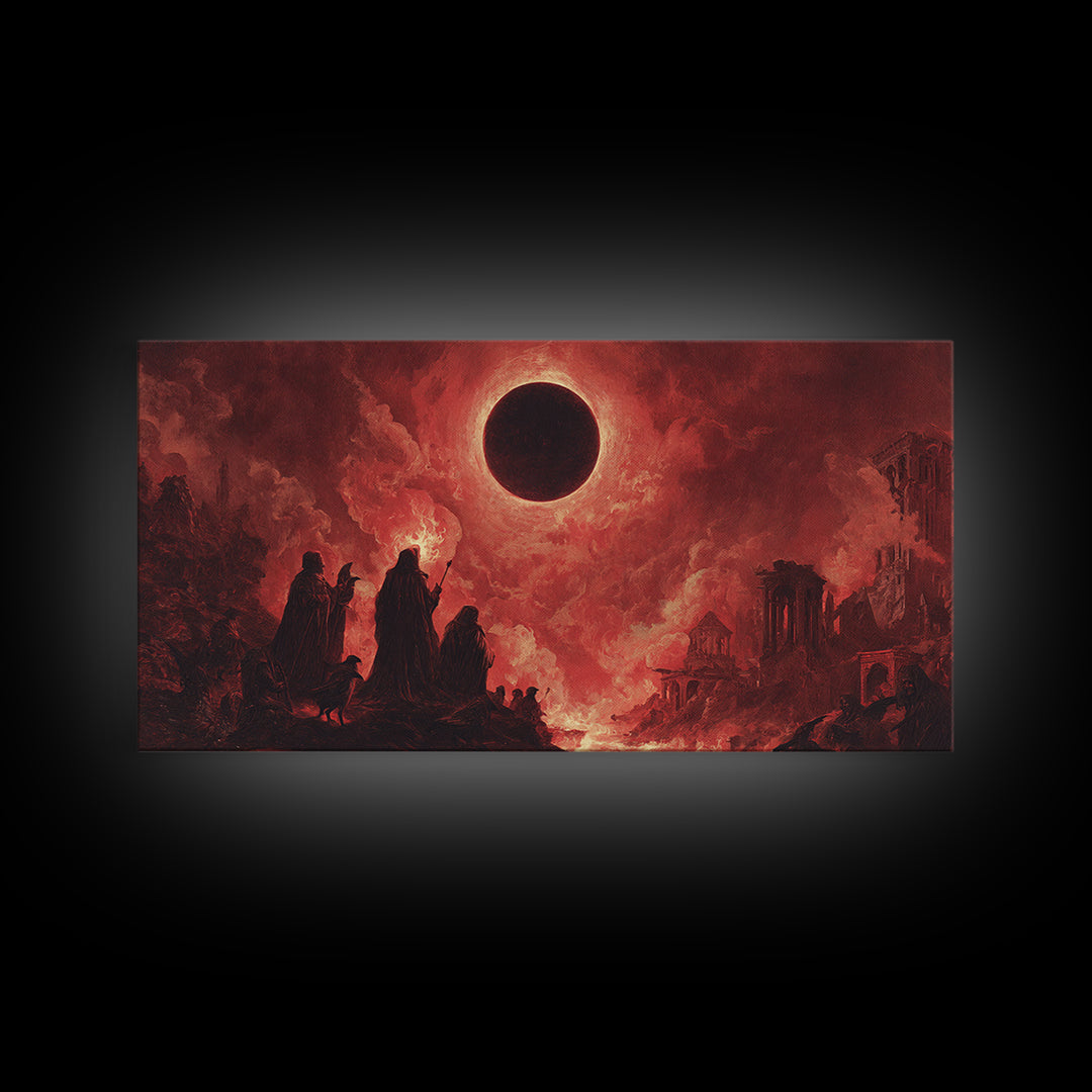 The Eclipse Summoning, Apocalyptic Romantic Art, Wide Panoramic Art, Dark Fantasy Wall Art, Framed Canvas Print, Halloween Wall Art