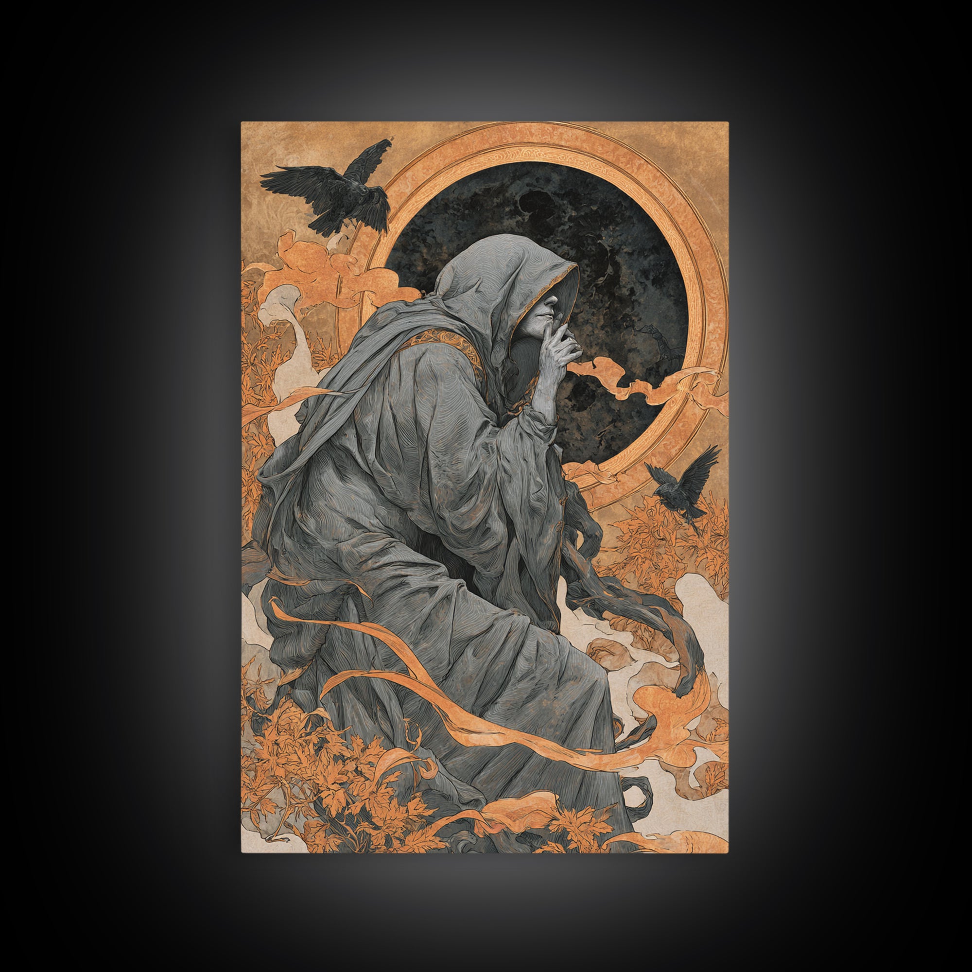 The Eclipse Summoning, Symbolist Death Art, Vertical Wall Art, Dark Fantasy Wall Art, Framed Canvas Print, Halloween Wall Art