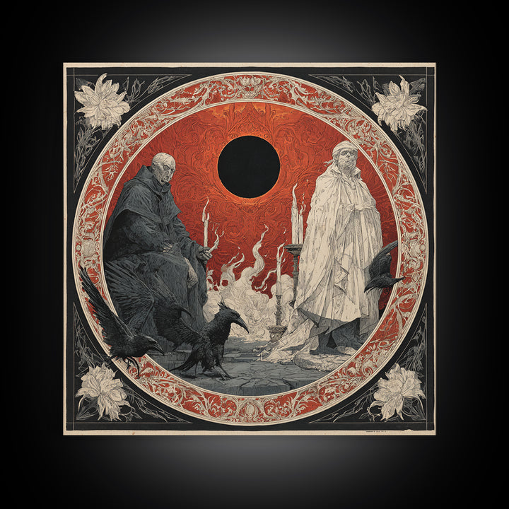 The Eclipse Summoning, Symbolist Etching Art, Square Wall Art, Macabre Wall Art, Framed Canvas Print, Halloween Wall Art, Horror Wall Art