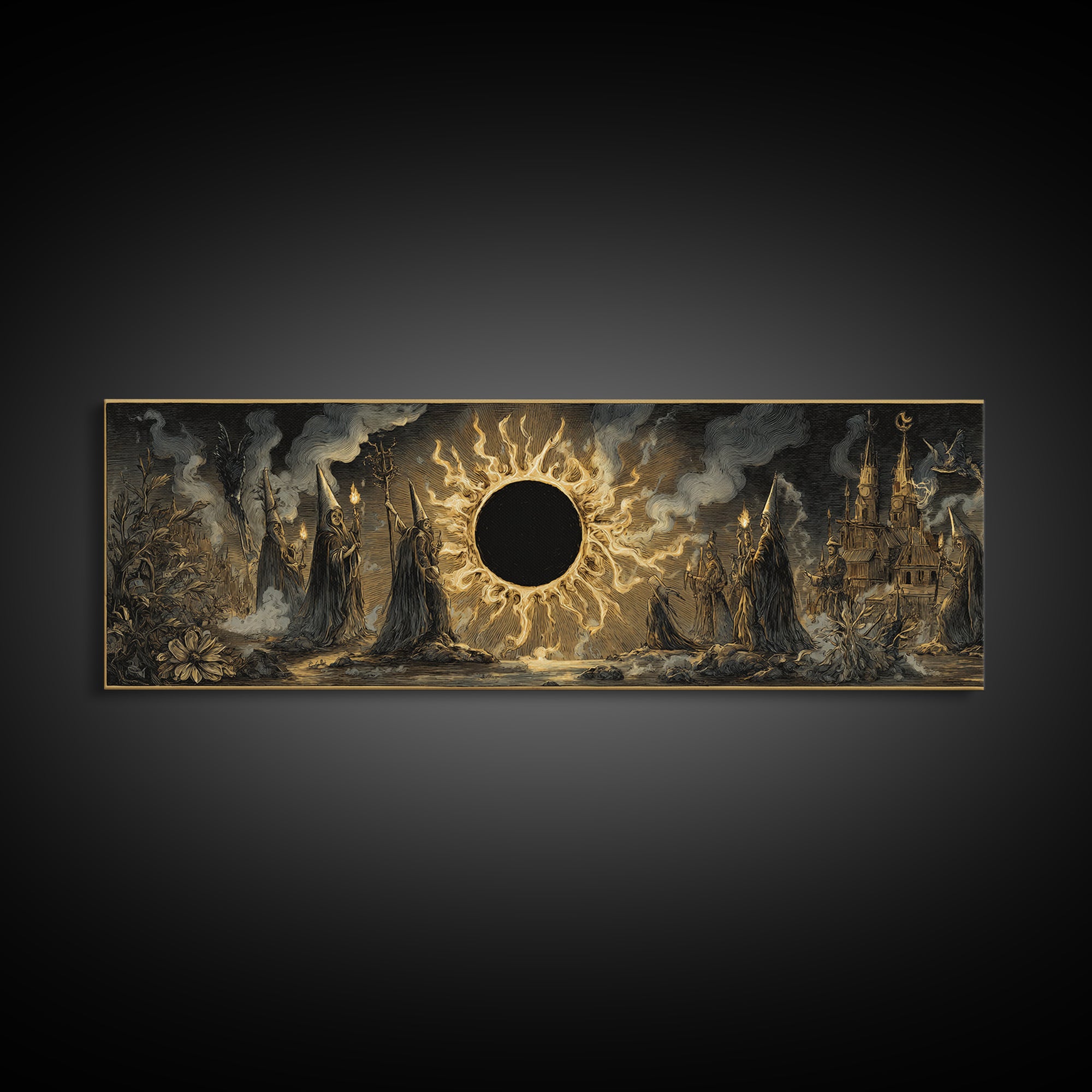 The Eclipse Summoning, Expressionist Nightmare Art, Extra Wide Wall Art, Macabre Wall Art, Framed Canvas Print, Halloween Wall Art