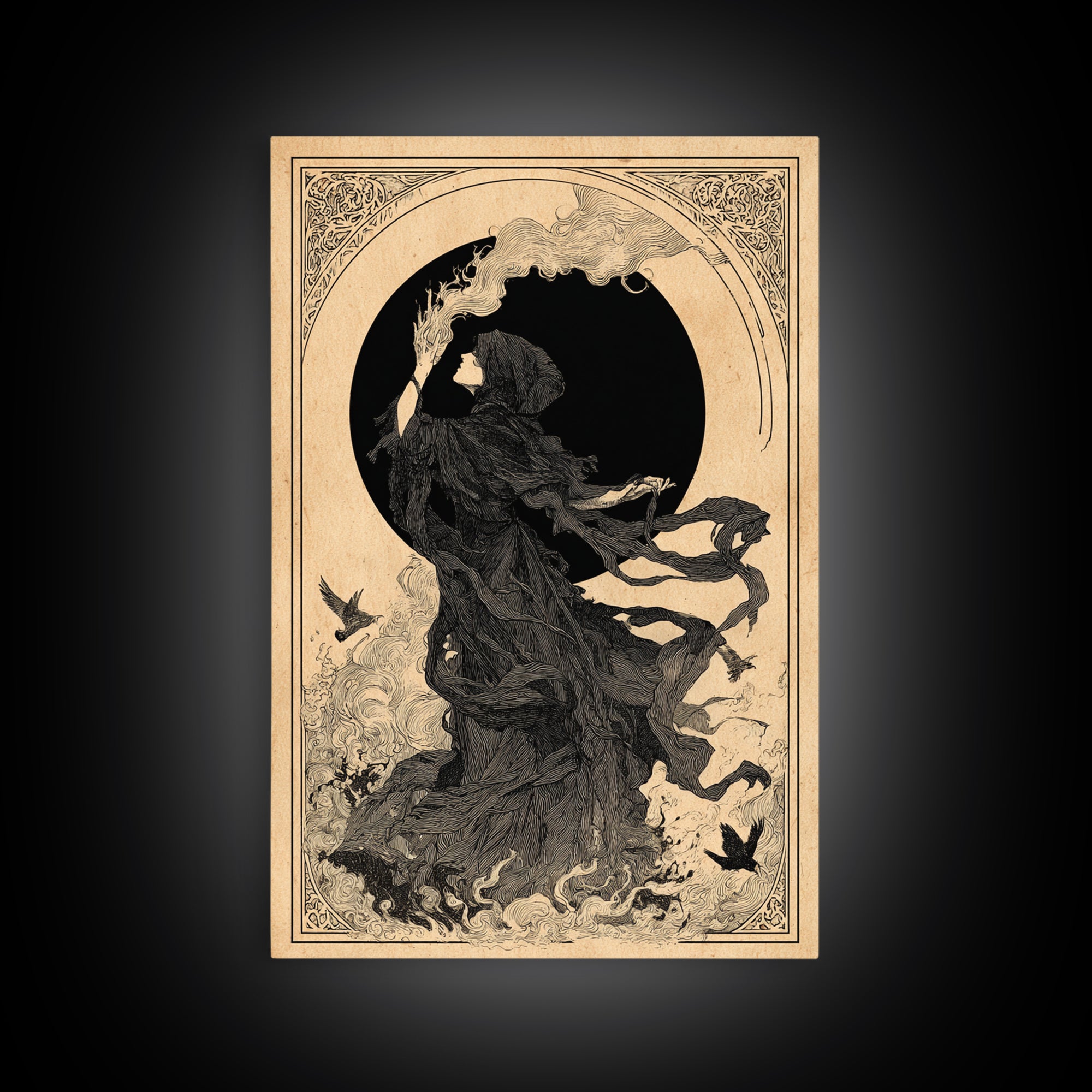 The Eclipse Summoning, Decadent Line Art, Vertical Wall Art, Macabre Wall Art, Framed Canvas Print, Halloween Wall Art