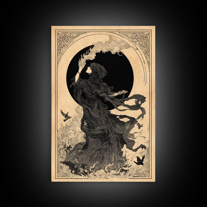 The Eclipse Summoning, Decadent Line Art, Vertical Wall Art, Macabre Wall Art, Framed Canvas Print, Halloween Wall Art