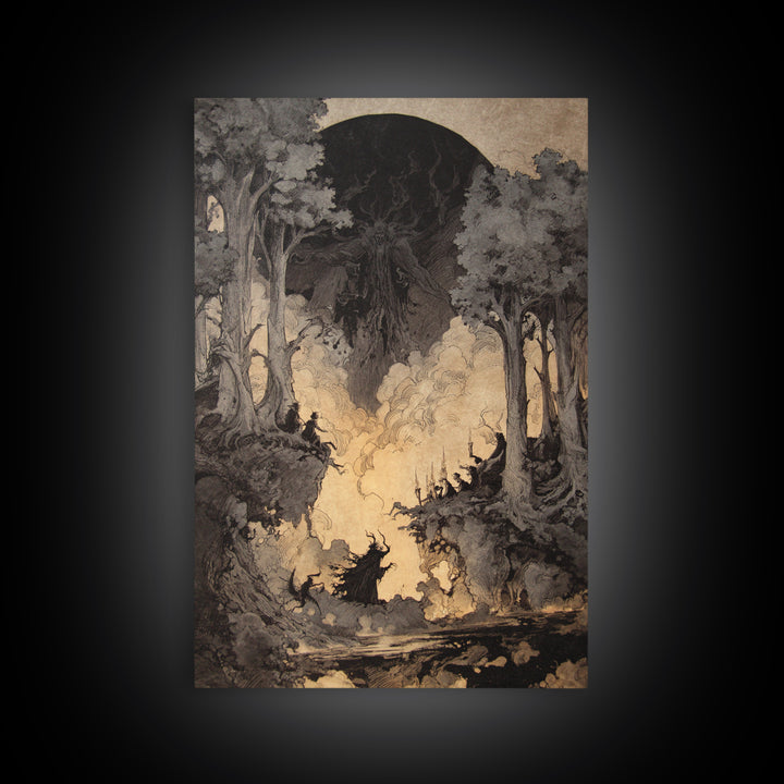 The Eclipse Summoning, Gothic Storybook Art, Vertical Wall Art, Dark Halloween Decor, Framed Canvas Print, Halloween Wall Art