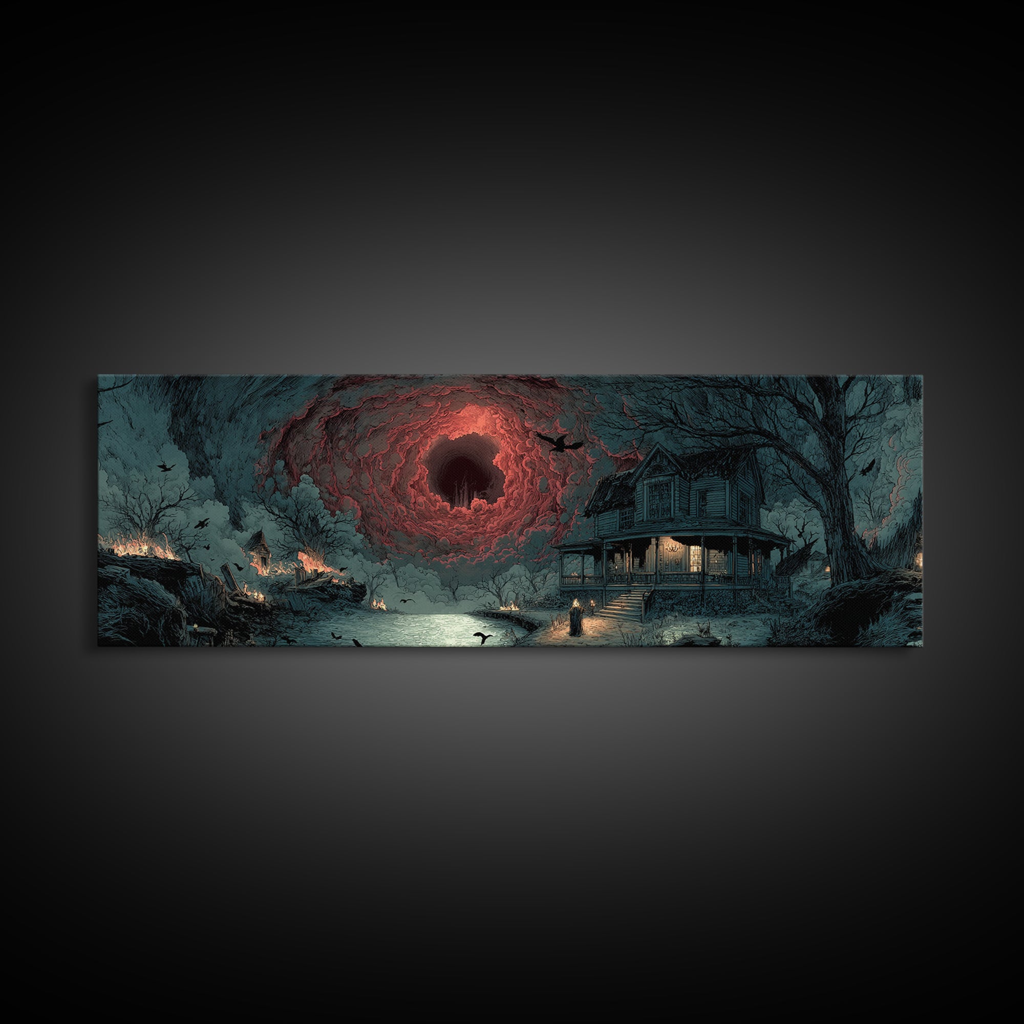 The Last House At The World'S Edge, Apocalyptic Romantic Art, Extra Wide Wall Art, Dark Fantasy Wall Art, Framed Canvas Print