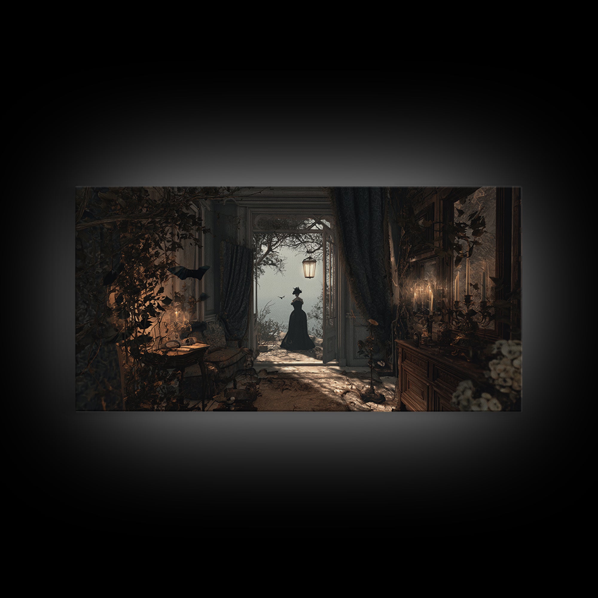The Last House At The World'S Edge, Symbolist Gothic Landscape, Wide Panoramic Art, Dark Halloween Decor, Framed Canvas Print
