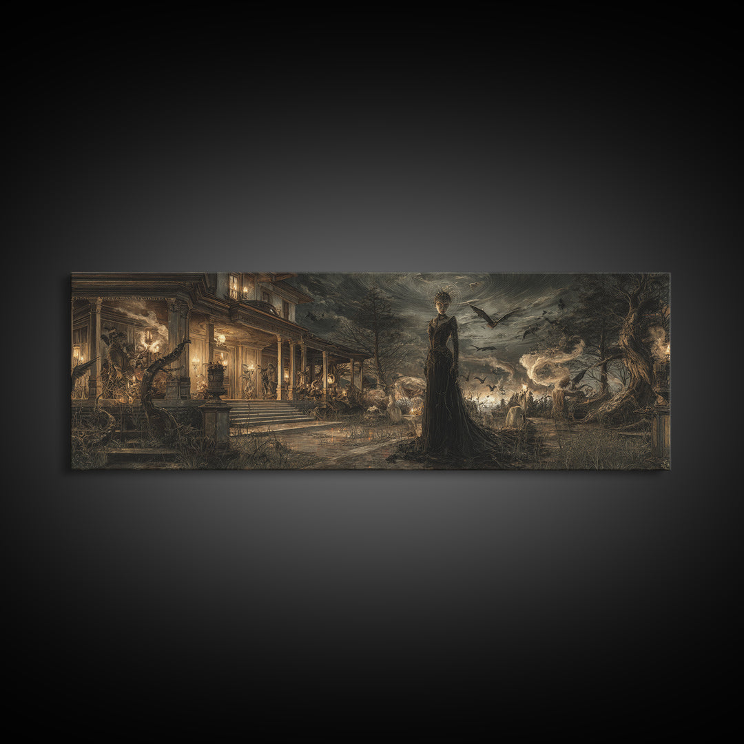 The Last House At The World'S Edge, Dark Symbolist Art, Extra Wide Wall Art, Dark Halloween Decor, Framed Canvas Print