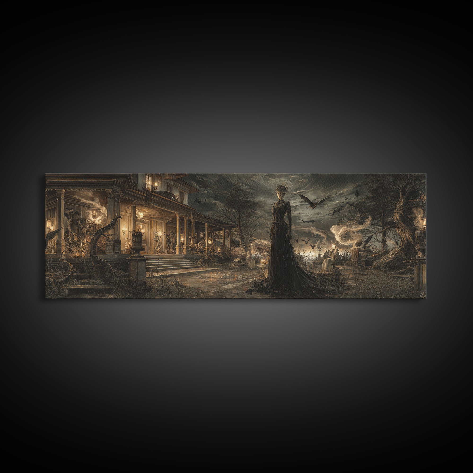 The Last House At The World'S Edge, Dark Symbolist Art, Extra Wide Wall Art, Dark Halloween Decor, Framed Canvas Print