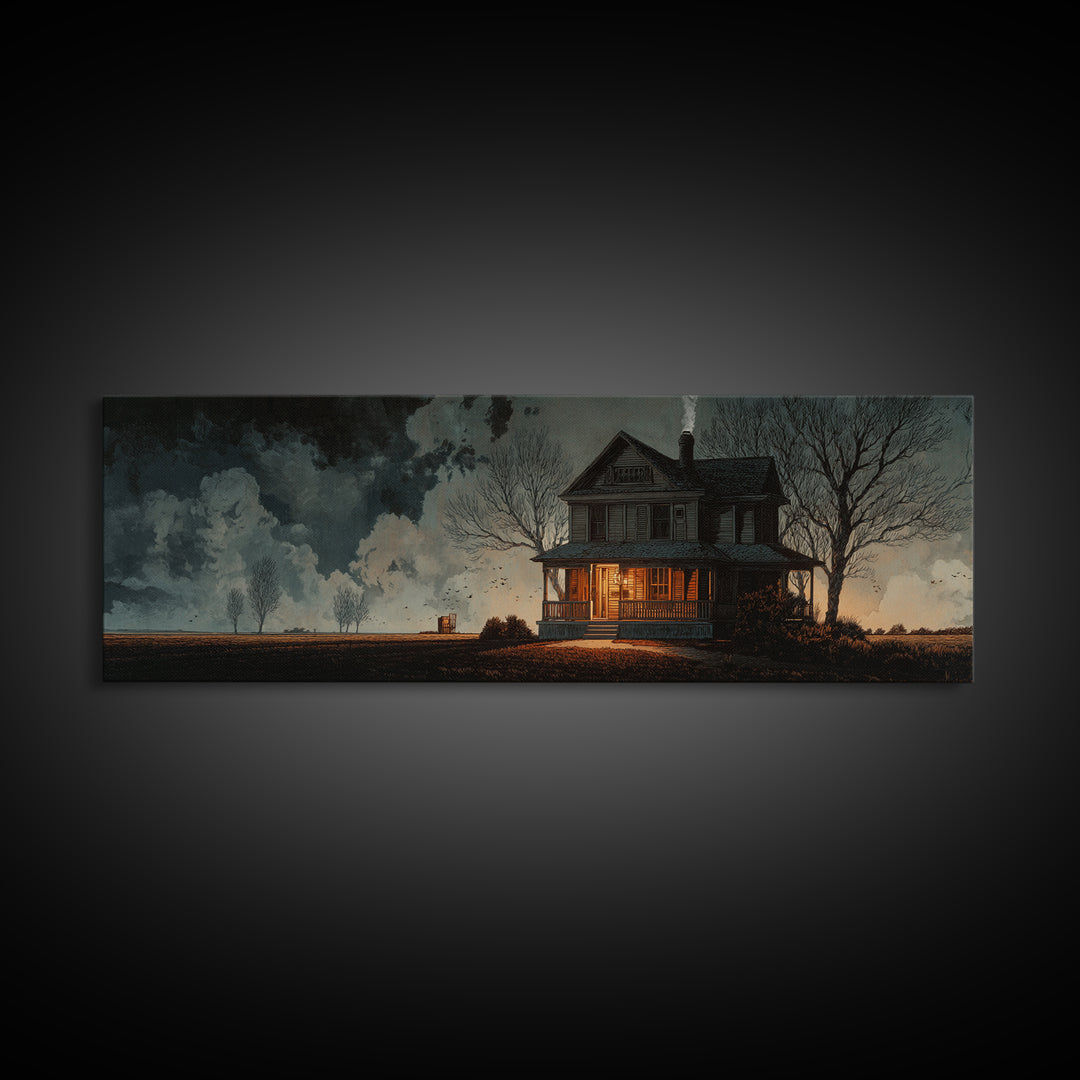 The Last House At The World'S Edge, Symbolist Etching Art, Extra Wide Wall Art, Macabre Wall Art, Framed Canvas Print, Halloween Wall Art