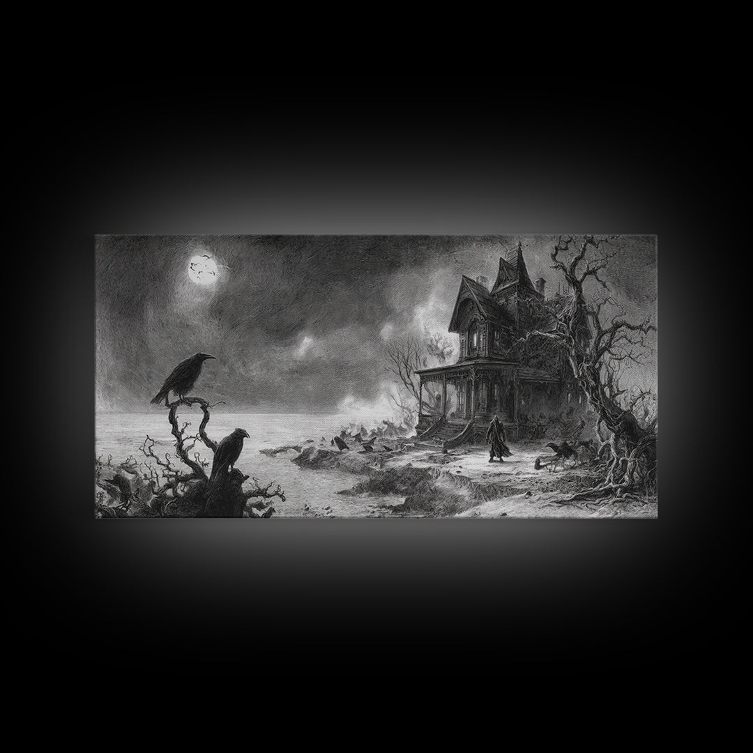 The Last House At The World'S Edge, Expressionist Nightmare Art, Wide Panoramic Art, Dark Halloween Decor, Framed Canvas Print