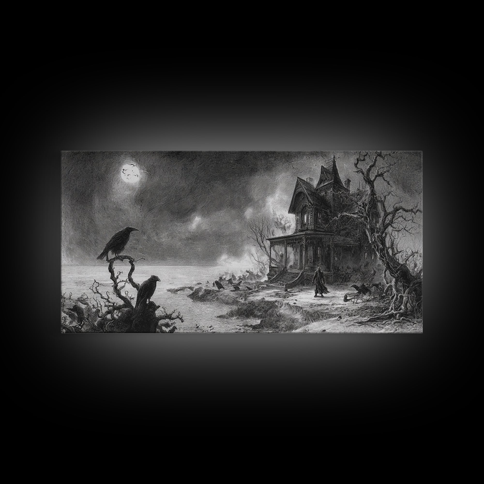 The Last House At The World'S Edge, Expressionist Nightmare Art, Wide Panoramic Art, Dark Halloween Decor, Framed Canvas Print