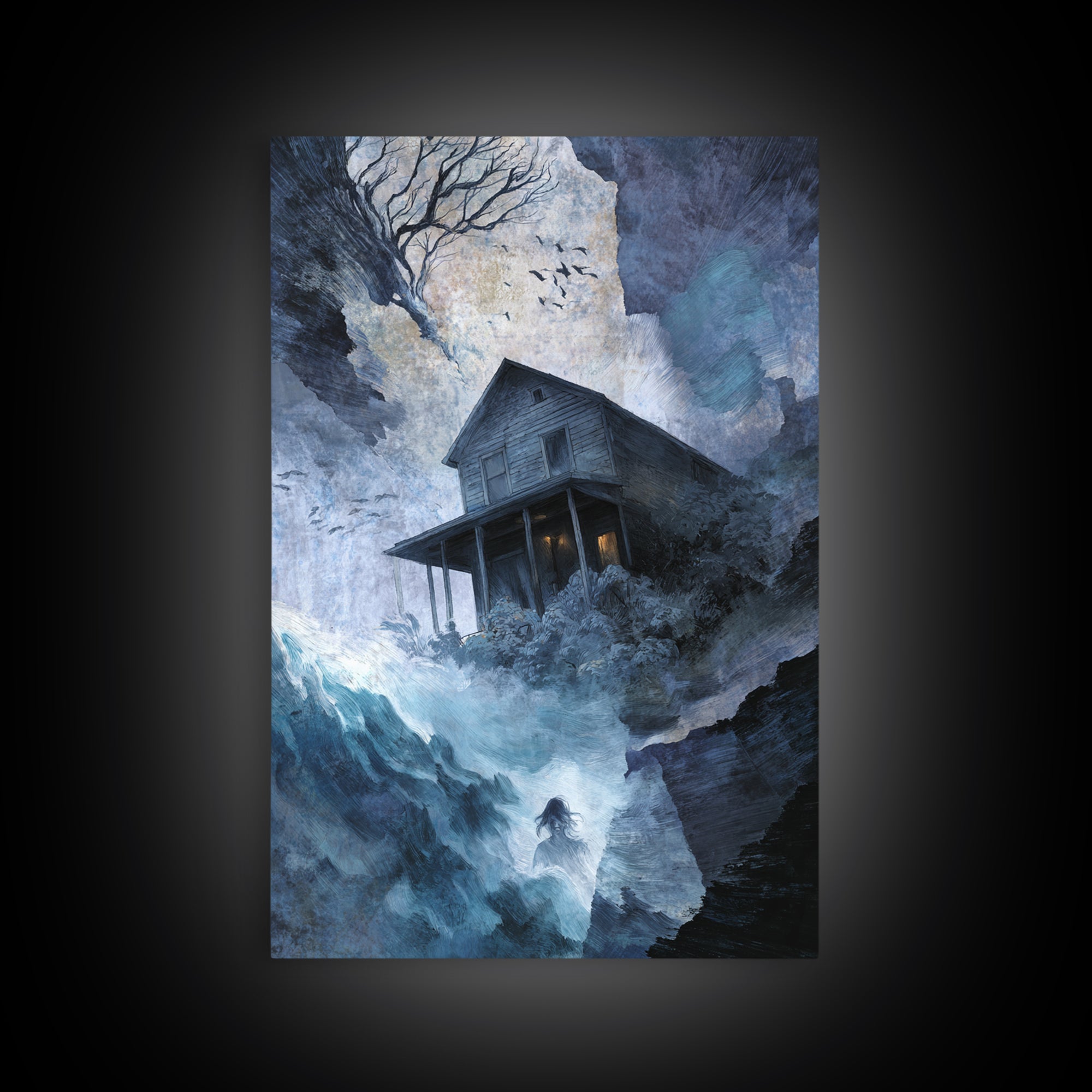 The Last House At The World'S Edge, Expressionist Gothic Art, Vertical Wall Art, Gothic Horror Wall Art, Framed Canvas Print