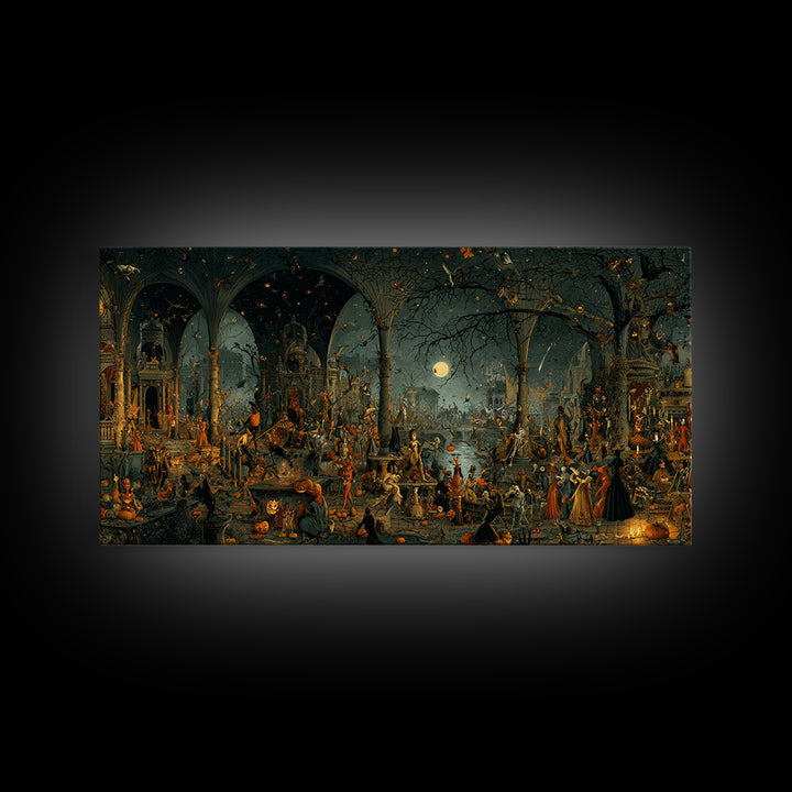 Halloween On Another Planet, Medieval Grotesque Art, Wide Panoramic Art, Gothic Horror Wall Art, Framed Canvas Print