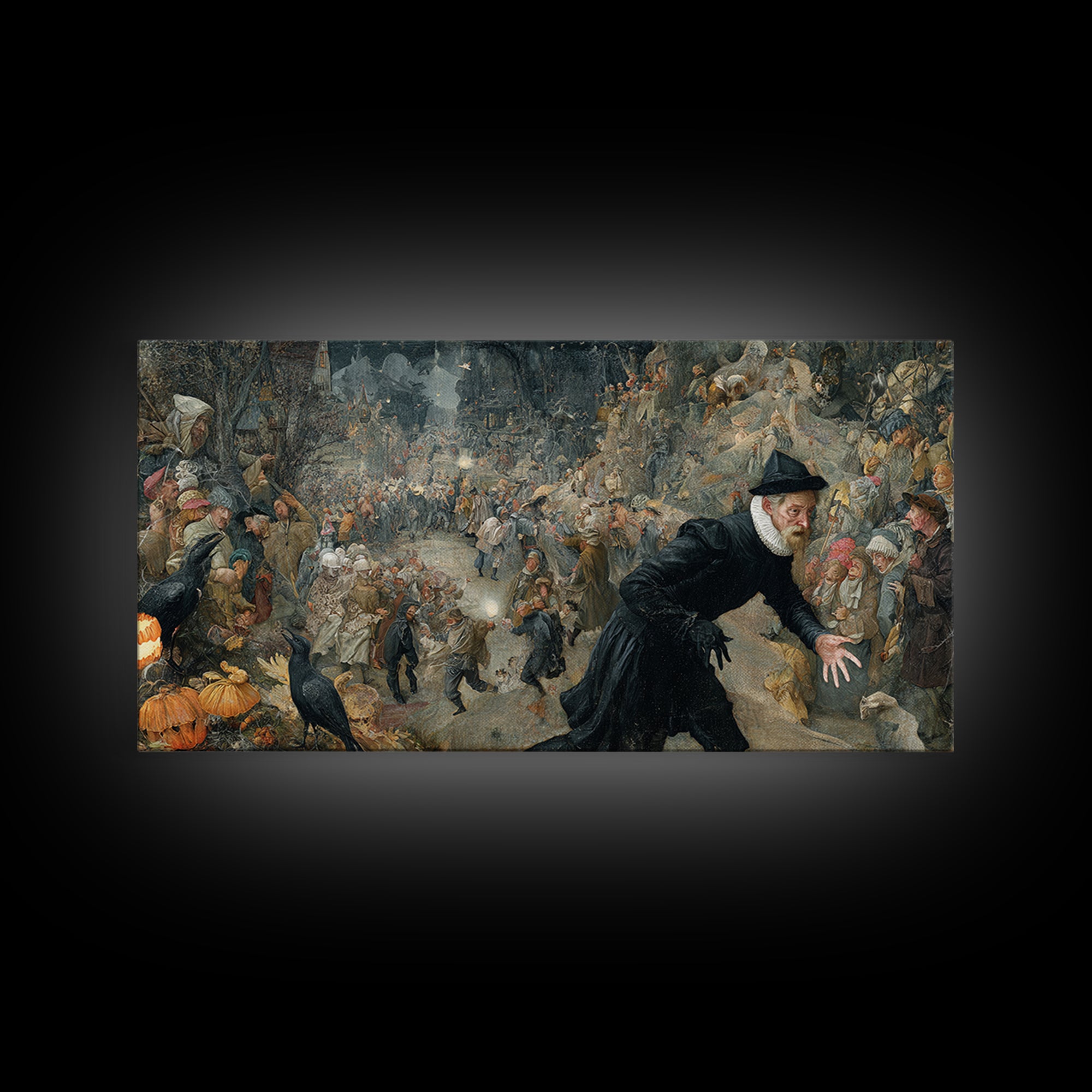 Halloween On Another Planet, Northern Renaissance Horror, Wide Panoramic Art, Gothic Horror Wall Art, Framed Canvas Print