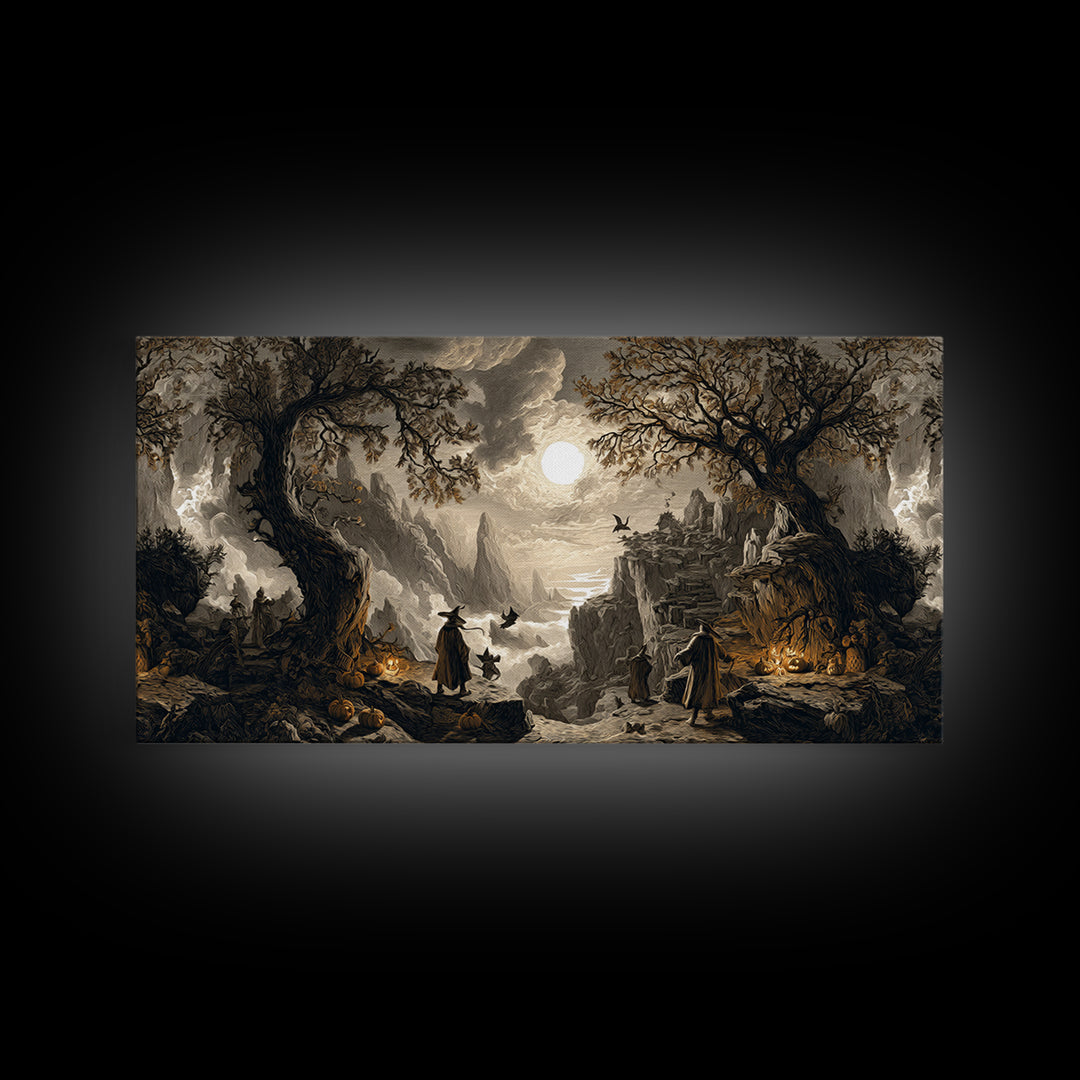 Halloween On Another Planet, Baroque Witchcraft Art, Wide Panoramic Art, Gothic Horror Wall Art, Framed Canvas Print, Halloween Wall Art
