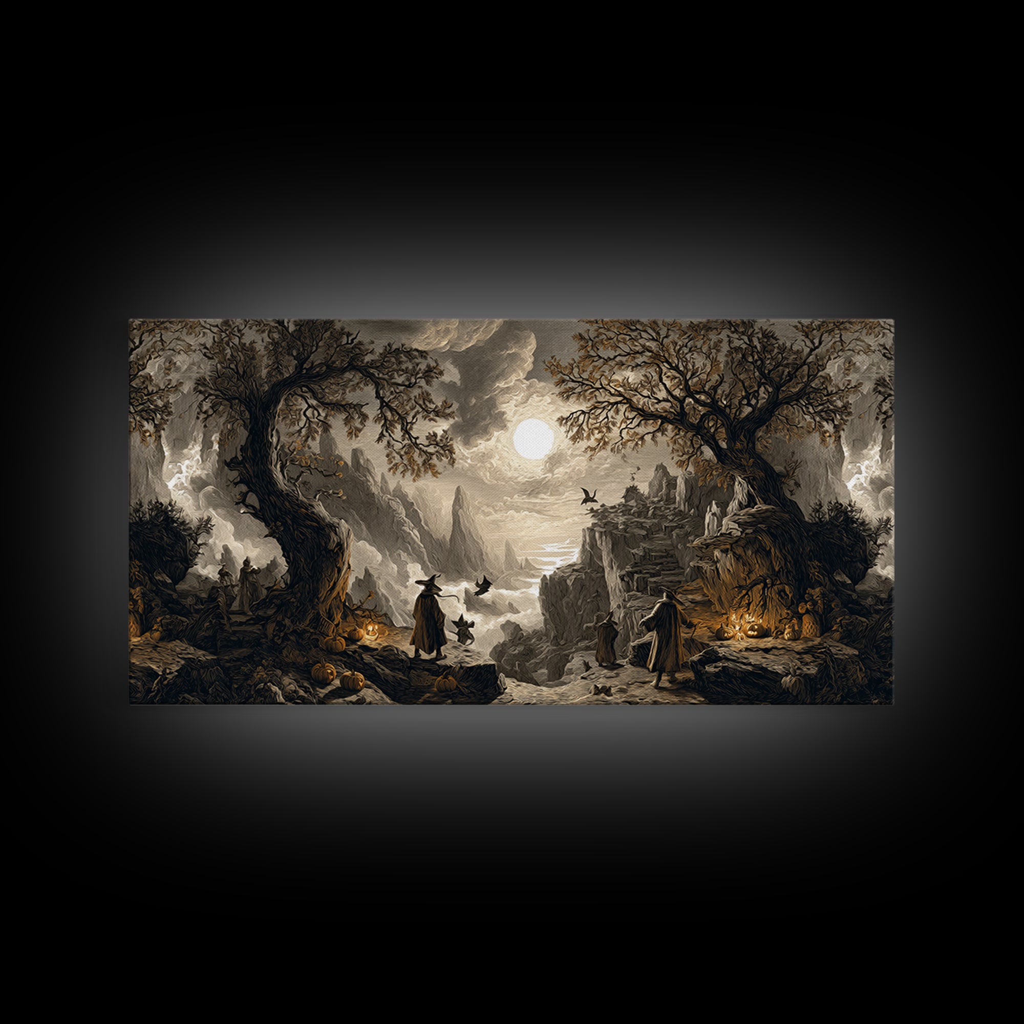 Halloween On Another Planet, Baroque Witchcraft Art, Wide Panoramic Art, Gothic Horror Wall Art, Framed Canvas Print, Halloween Wall Art