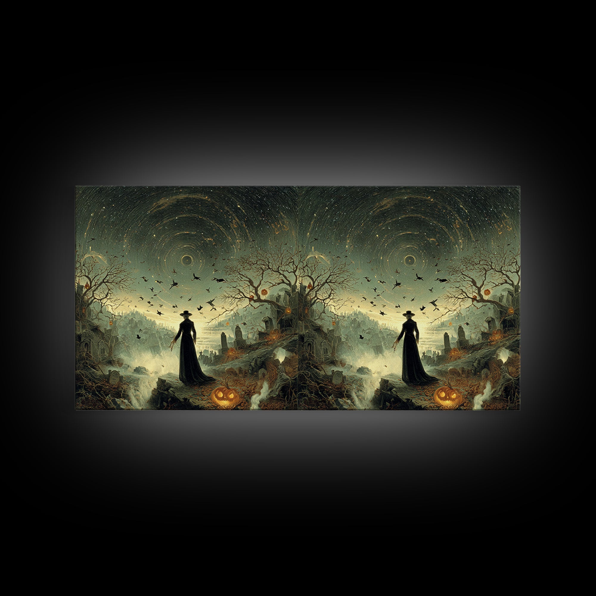 Halloween On Another Planet, Romantic Gothic Landscape, Wide Panoramic Art, Dark Fantasy Wall Art, Framed Canvas Print