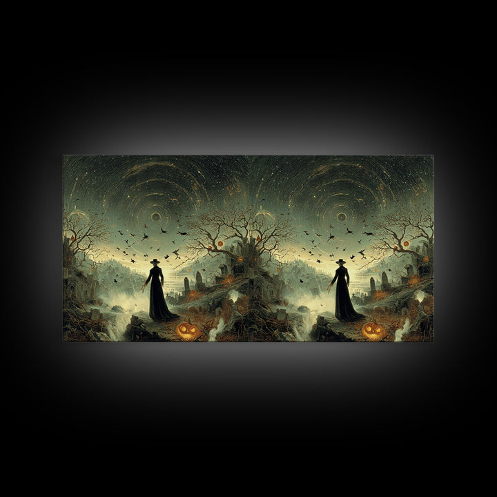 Halloween On Another Planet, Romantic Gothic Landscape, Wide Panoramic Art, Dark Fantasy Wall Art, Framed Canvas Print