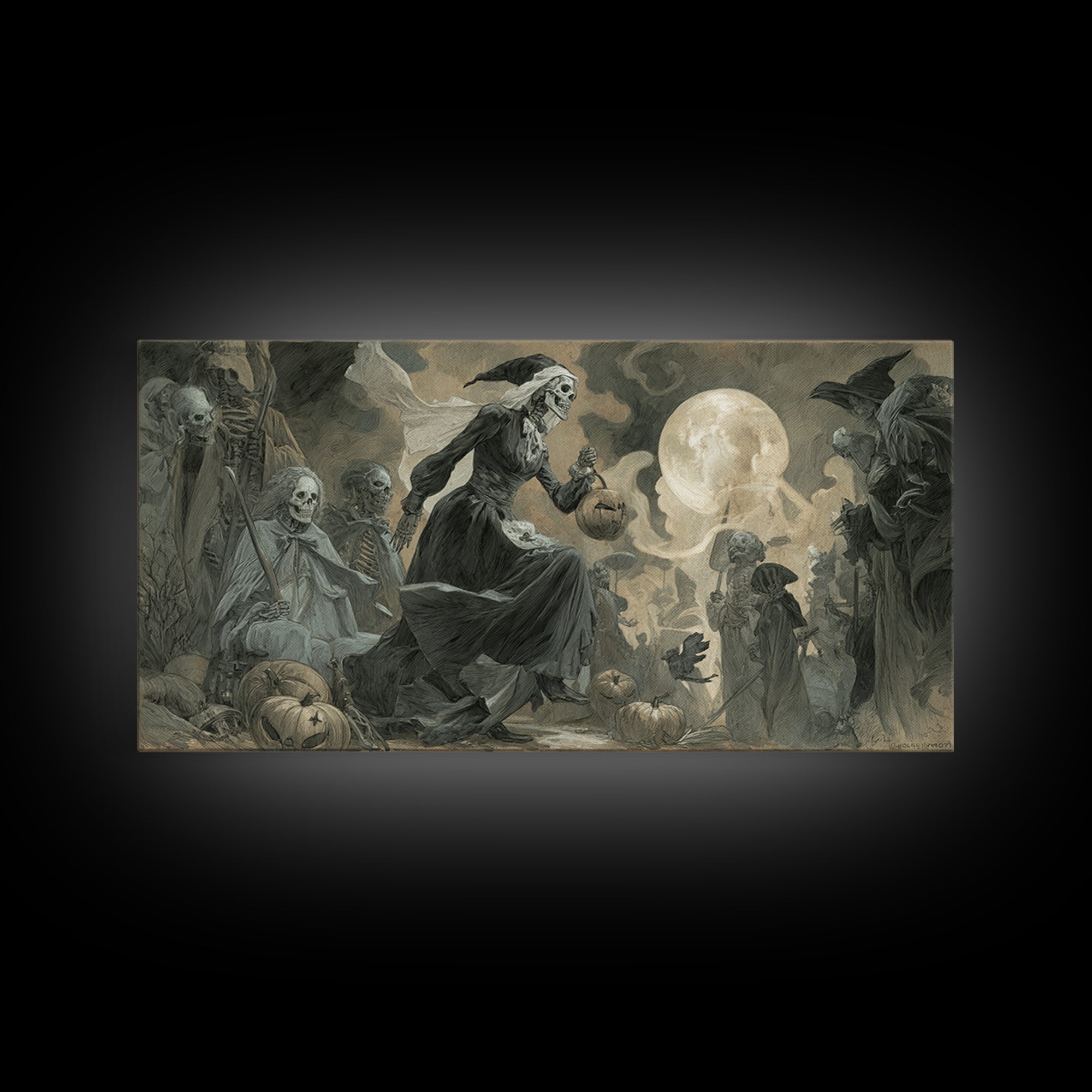 Halloween On Another Planet, Decadent Gothic Art, Wide Panoramic Art, Macabre Wall Art, Framed Canvas Print, Halloween Wall Art