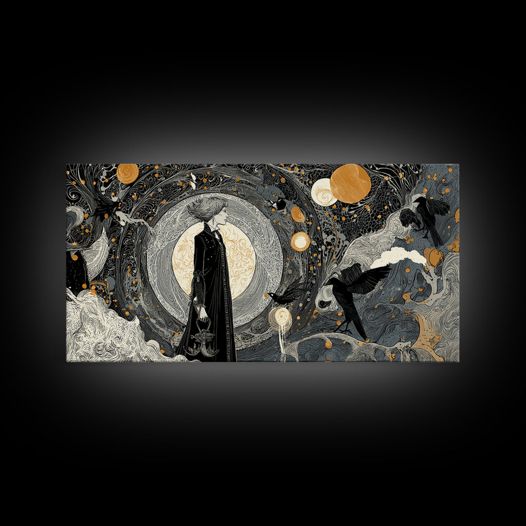 Halloween On Another Planet, Decadent Line Art, Wide Panoramic Art, Gothic Horror Wall Art, Canvas Print, Halloween Wall Art