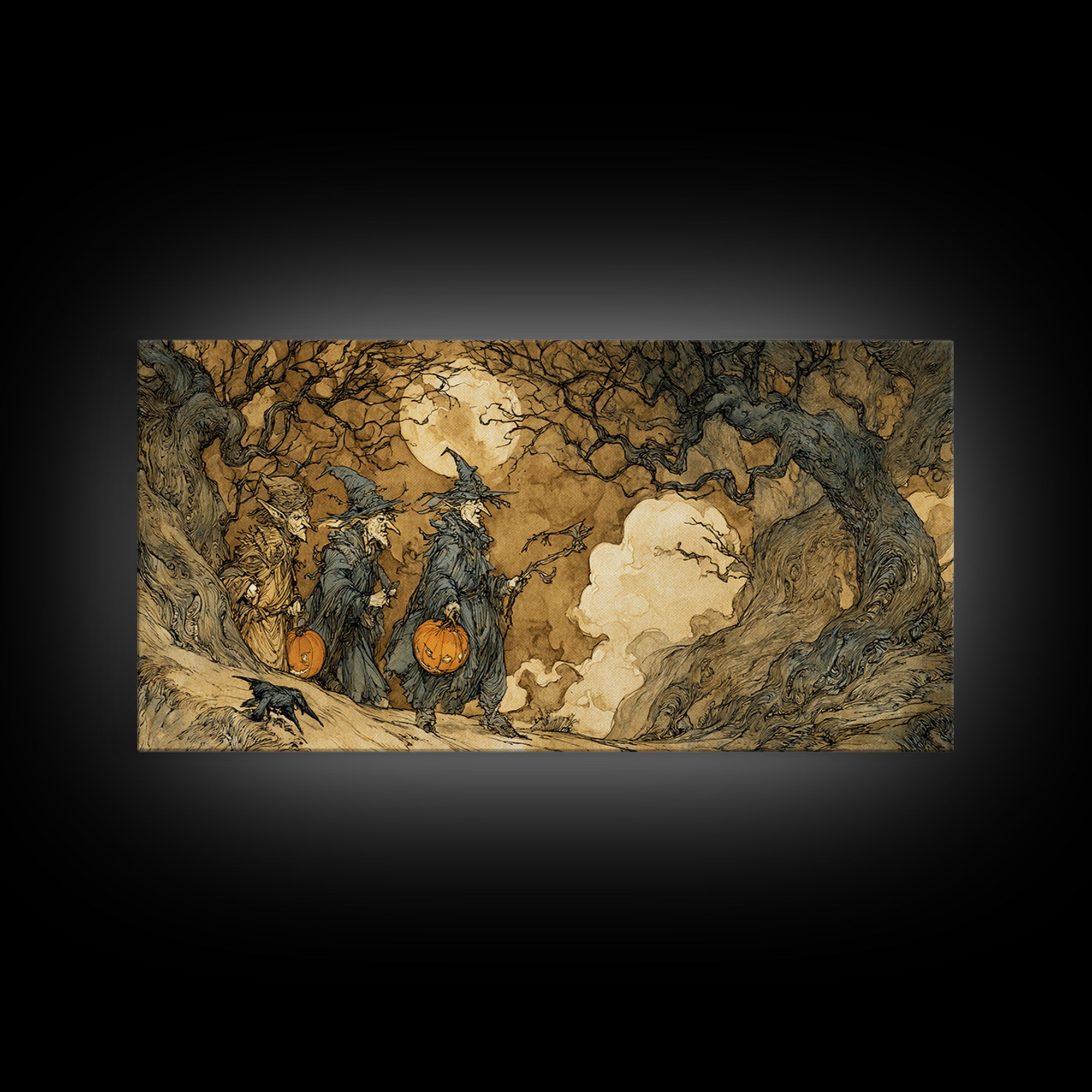 Halloween On Another Planet, Gothic Storybook Art, Wide Panoramic Art, Macabre Wall Art, Canvas Print, Halloween Wall Art