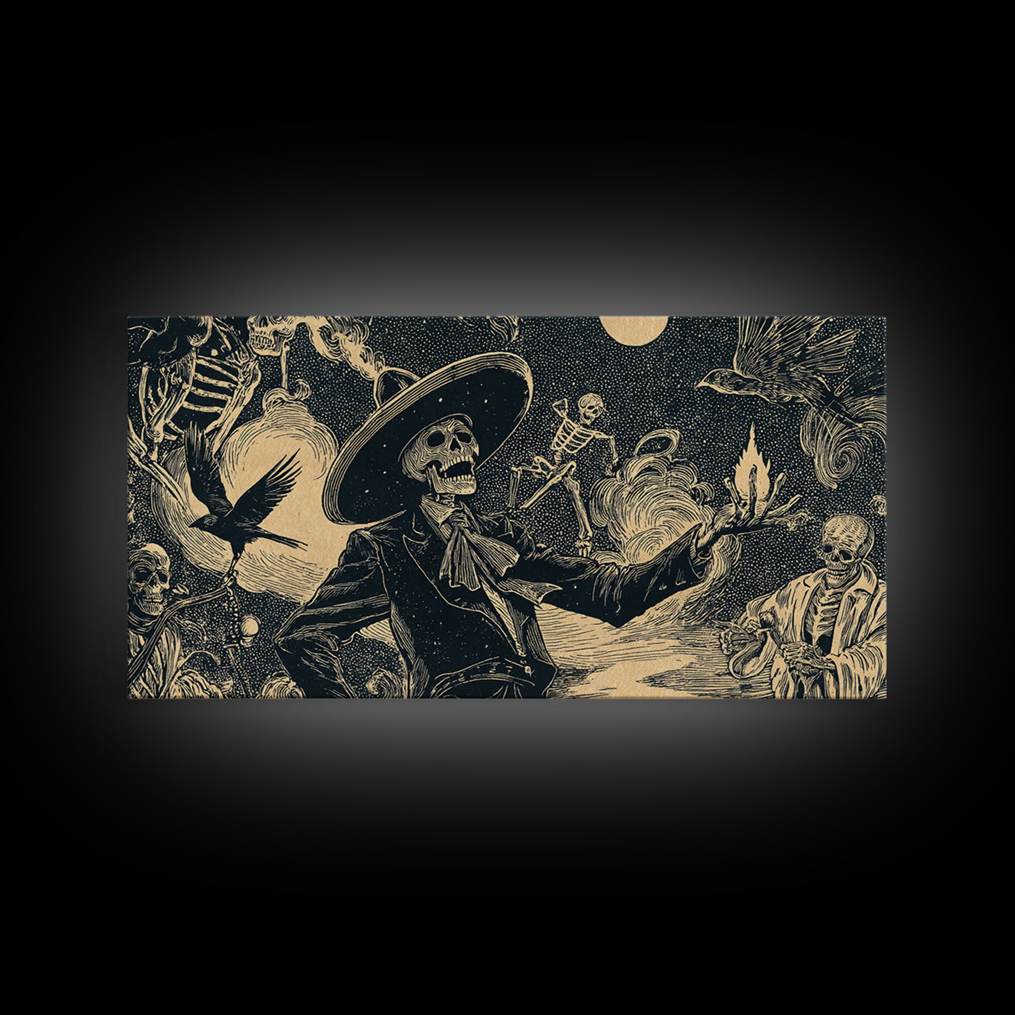 Halloween On Another Planet, Macabre Folk Print Art, Wide Panoramic Art, Gothic Horror Wall Art, Canvas Print