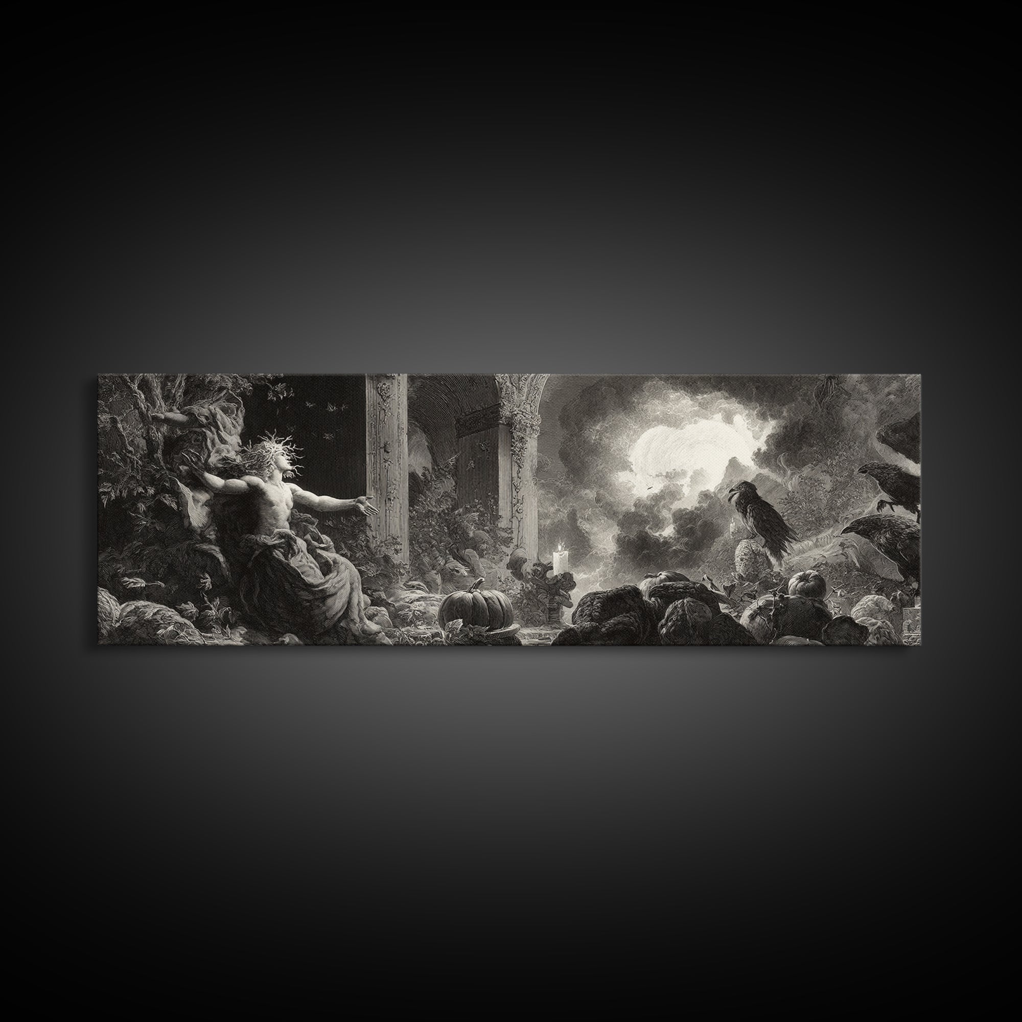 The Personification Of October, Gothic Engraving Art, Extra Wide Wall Art, Dark Halloween Decor, Canvas Print, Halloween Wall Art