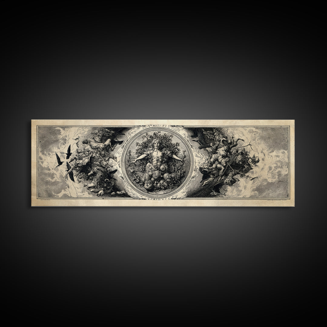 The Personification Of October, Renaissance Engraving Art, Extra Wide Wall Art, Macabre Wall Art, Canvas Print, Halloween Wall Art