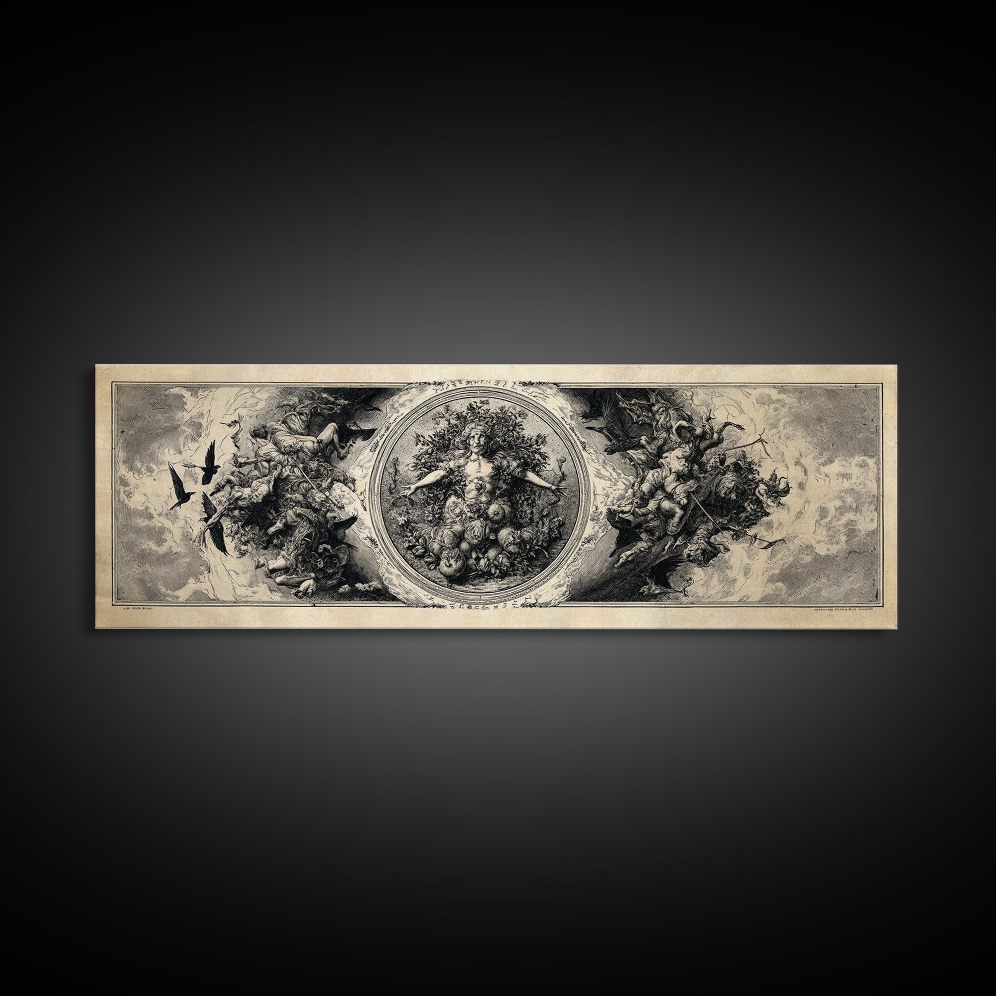 The Personification Of October, Renaissance Engraving Art, Extra Wide Wall Art, Macabre Wall Art, Canvas Print, Halloween Wall Art