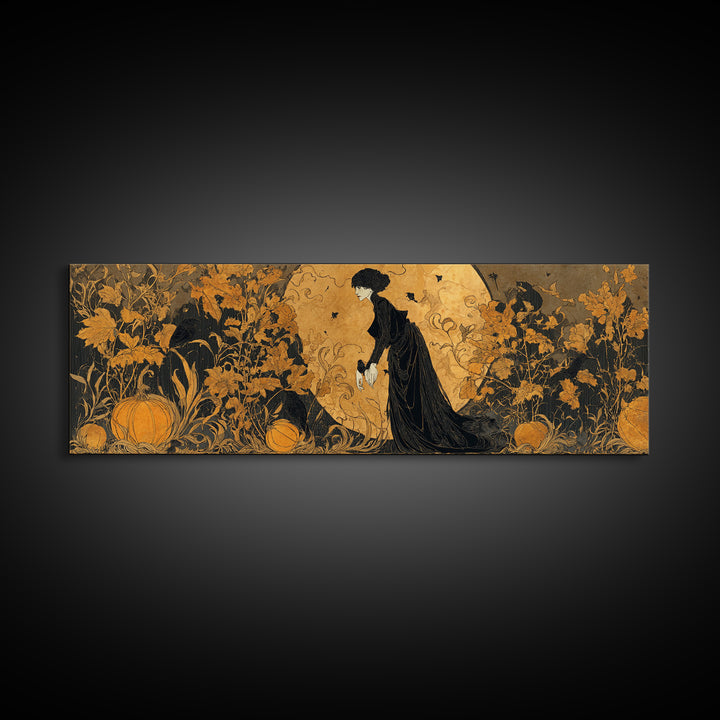 The Personification Of October, Decadent Line Art, Extra Wide Wall Art, Gothic Horror Wall Art, Canvas Print, Halloween Wall Art