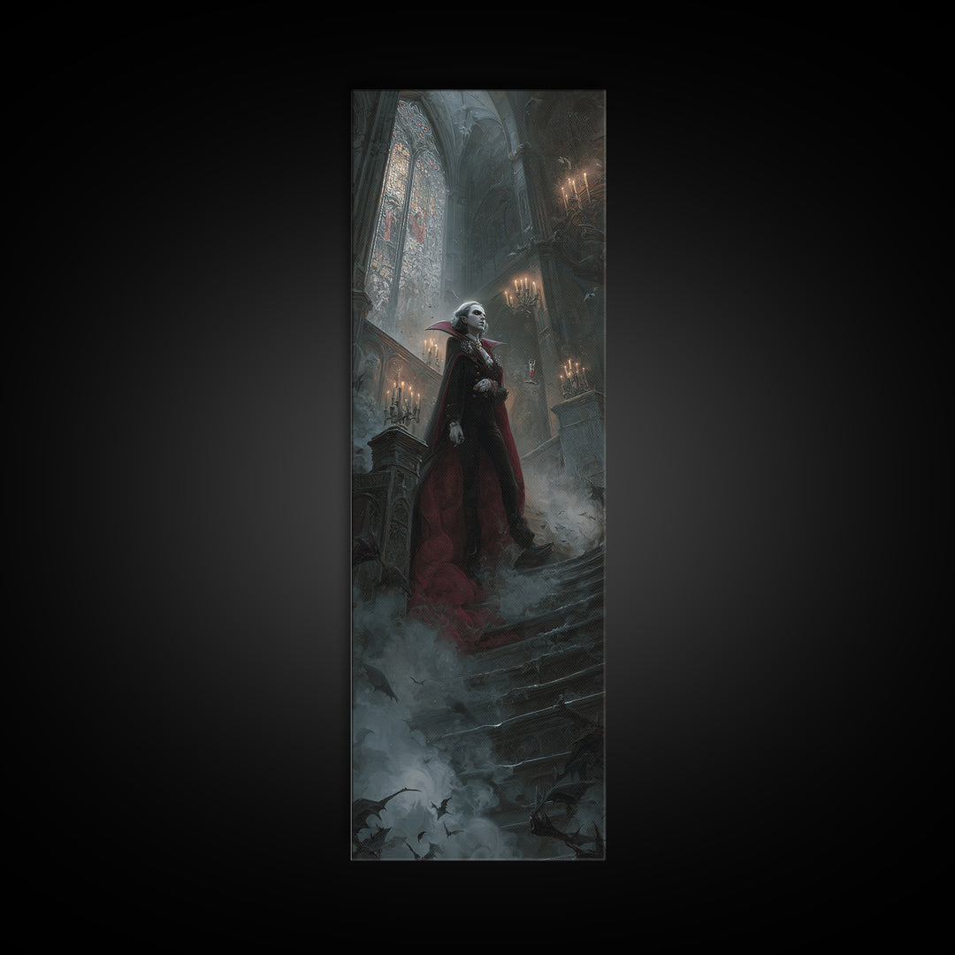 The Crimson Count Of Hollow Keep, Stained Glass Gothic Art, Tall Narrow Wall Art, Dark Fantasy Wall Art, Canvas Print, Halloween Wall Art