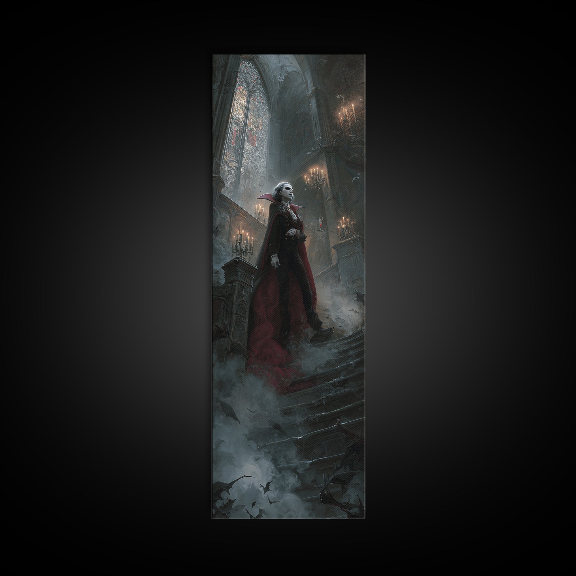 The Crimson Count Of Hollow Keep, Stained Glass Gothic Art, Tall Narrow Wall Art, Dark Fantasy Wall Art, Canvas Print, Halloween Wall Art