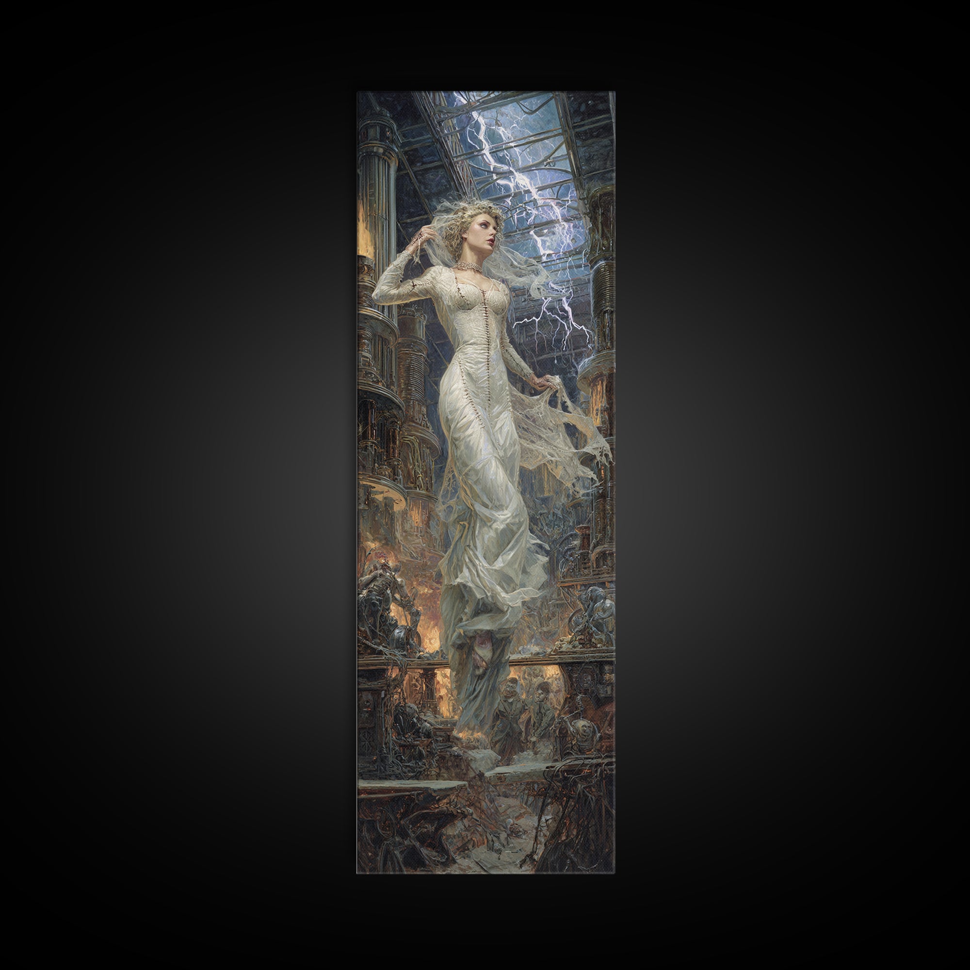 The Stitched Bride Of Thunder Hall, Gothic Engraving Art, Tall Narrow Wall Art, Dark Fantasy Wall Art, Canvas Print, Halloween Wall Art