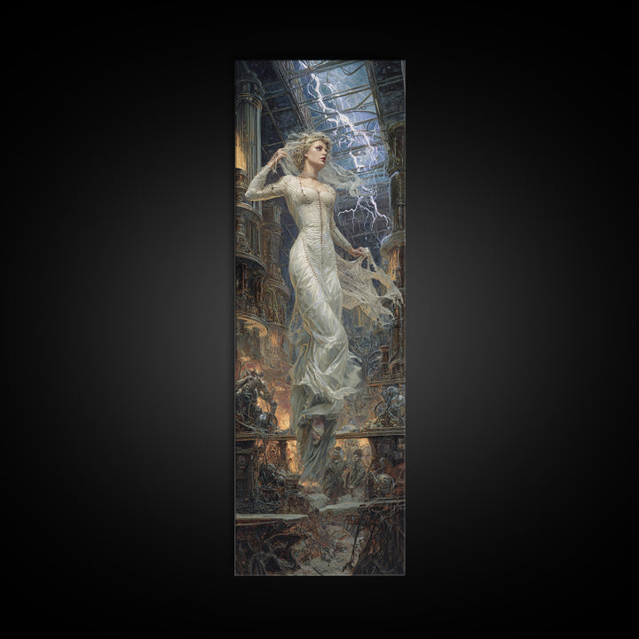 The Stitched Bride Of Thunder Hall, Gothic Engraving Art, Tall Narrow Wall Art, Dark Fantasy Wall Art, Canvas Print, Halloween Wall Art