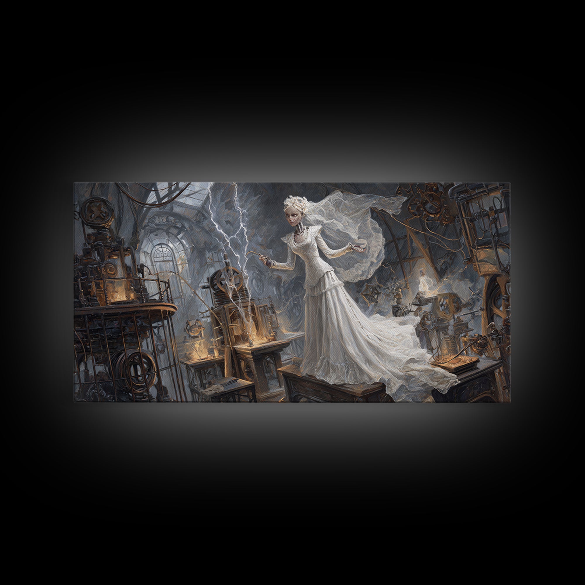 The Stitched Bride Of Thunder Hall, Apocalyptic Romantic Art, Wide Panoramic Art, Dark Fantasy Wall Art, Framed Canvas Print