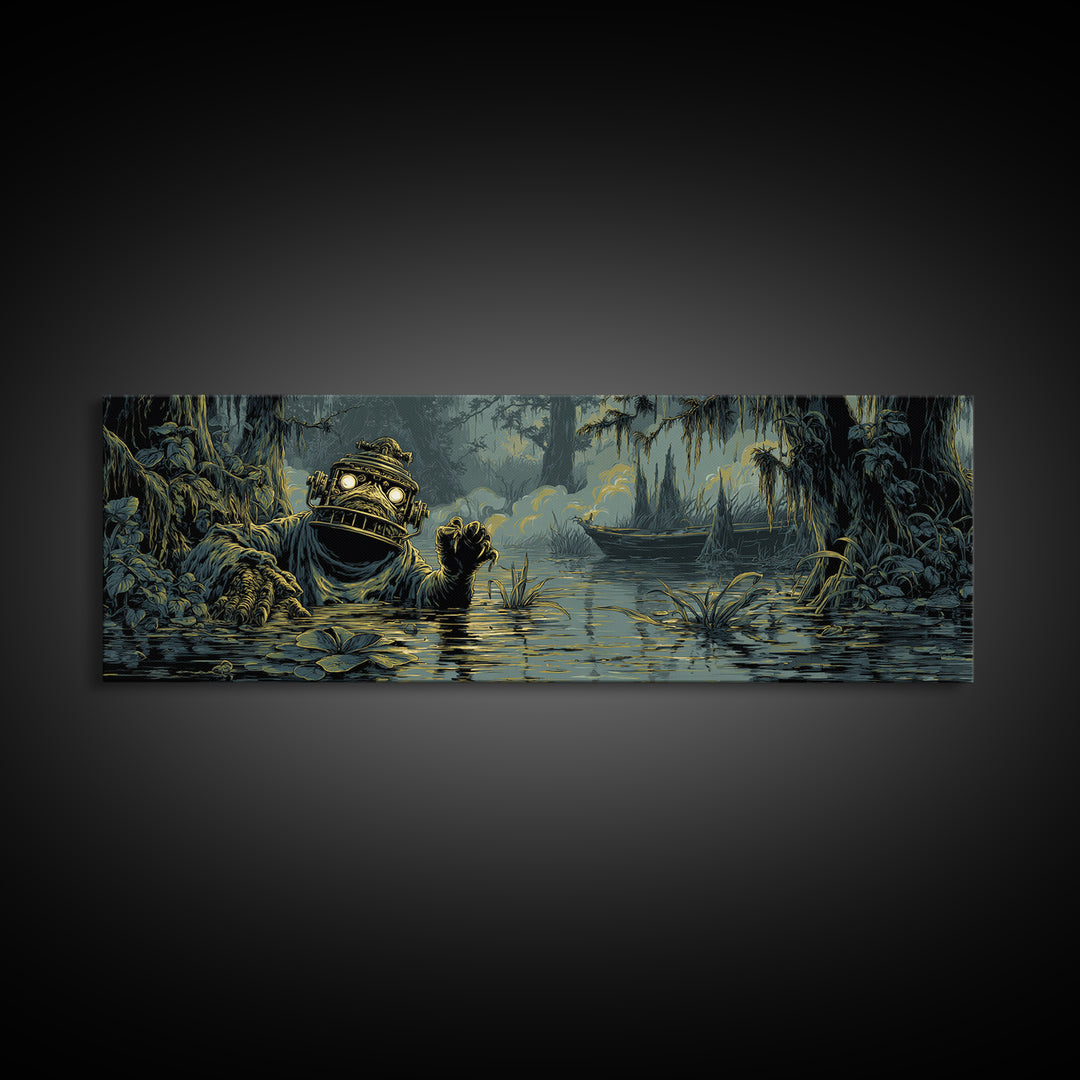 The Creature Of Lantern Lagoon, Gothic Engraving Art, Extra Wide Wall Art, Dark Halloween Decor, Framed Canvas Print