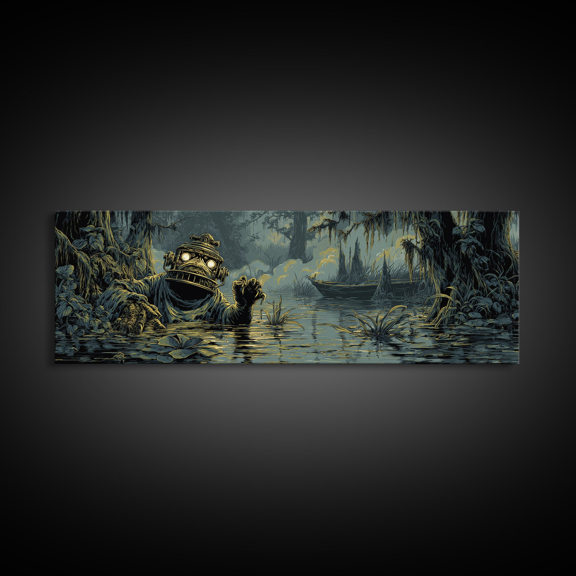 The Creature Of Lantern Lagoon, Gothic Engraving Art, Extra Wide Wall Art, Dark Halloween Decor, Framed Canvas Print