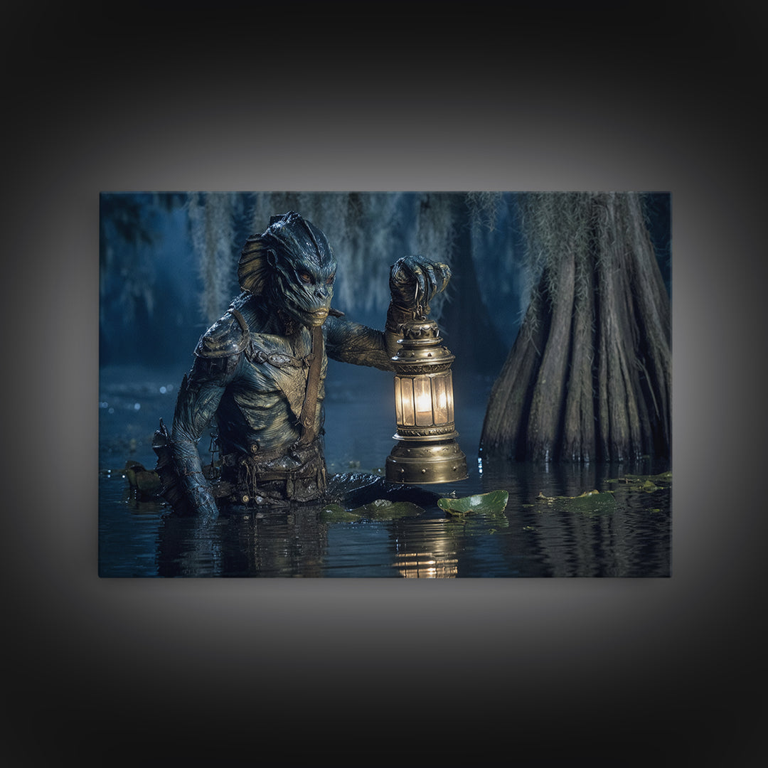 The Creature Of Lantern Lagoon, Symbolist Gothic Landscape, Landscape Wall Art, Gothic Horror Wall Art, Framed Canvas Print