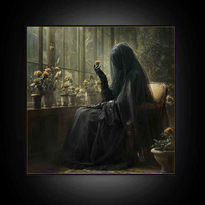 The Invisible Mourner Of Glass House, Gothic Engraving Art, Square Wall Art, Macabre Wall Art, Canvas Print, Halloween Wall Art