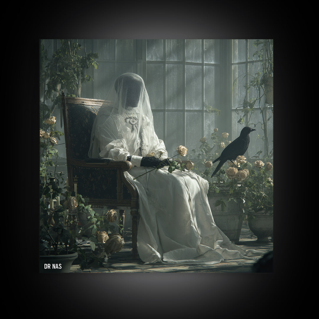 The Invisible Mourner Of Glass House, Victorian Macabre Art, Square Wall Art, Gothic Horror Wall Art, Framed Canvas Print