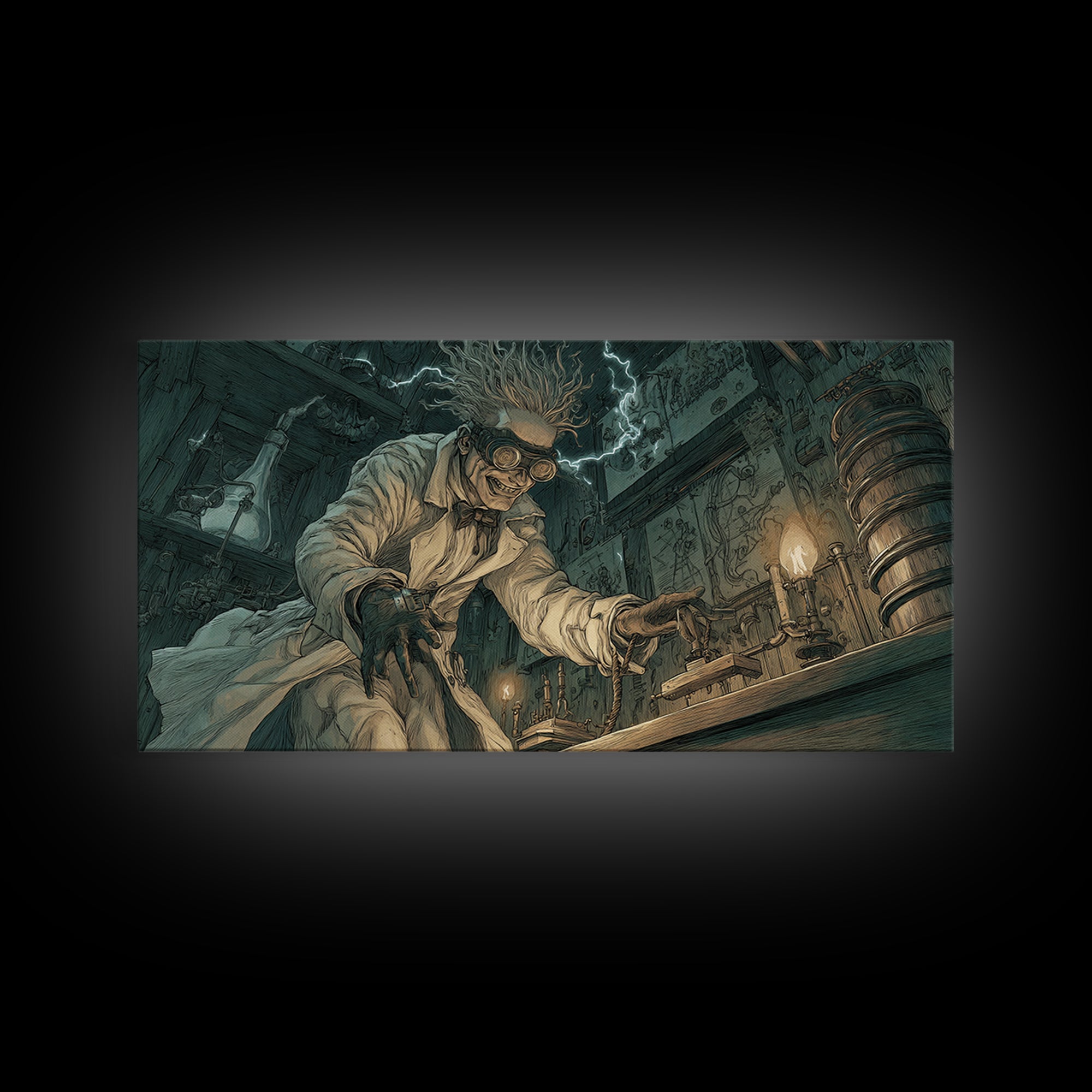 Doctor Vesper'S Resurrection Engine, Expressionist Nightmare Art, Wide Panoramic Art, Gothic Horror Wall Art, Framed Canvas Print