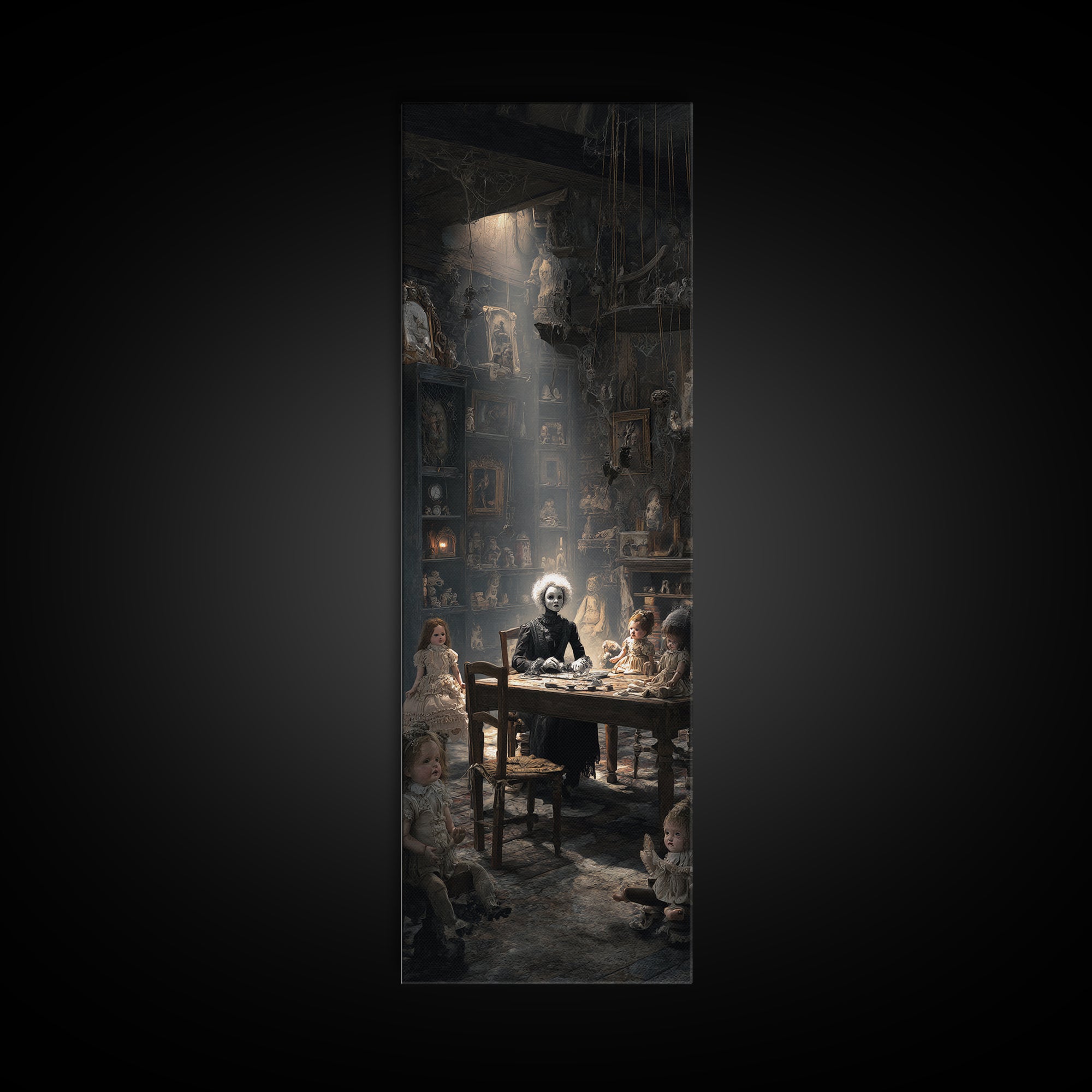 The Dollmaker Of Hollow Ward, Gothic Engraving Art, Tall Narrow Wall Art, Macabre Wall Art, Framed Canvas Print, Halloween Wall Art